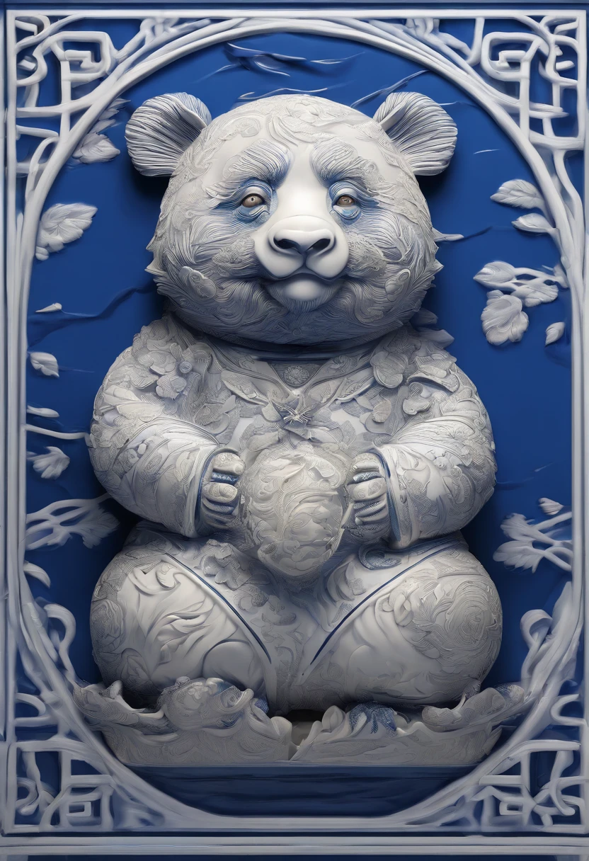 Blue and white porcelain,Ceramic material Chinese panda，artwork of a，Ornaments， high detail,3D， Chiaroscuro, Cinematic lighting, god light, Cinematic lighting, hyper HD, High details, Best quality, A high resolution, Textured skin