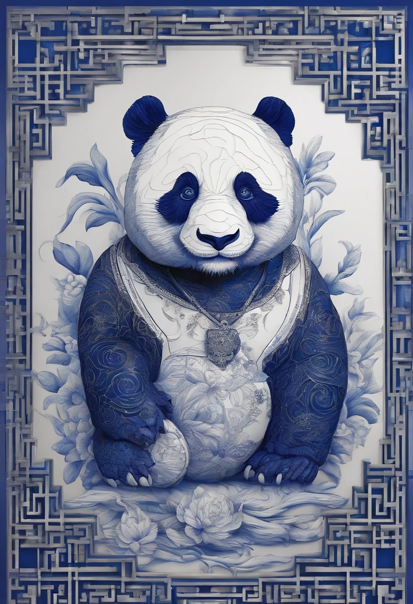 Blue and white porcelain,Ceramic material Chinese panda，artwork of a，Ornaments， high detail,3D， Chiaroscuro, Cinematic lighting, god light, Cinematic lighting, hyper HD, High details, Best quality, A high resolution, Textured skin