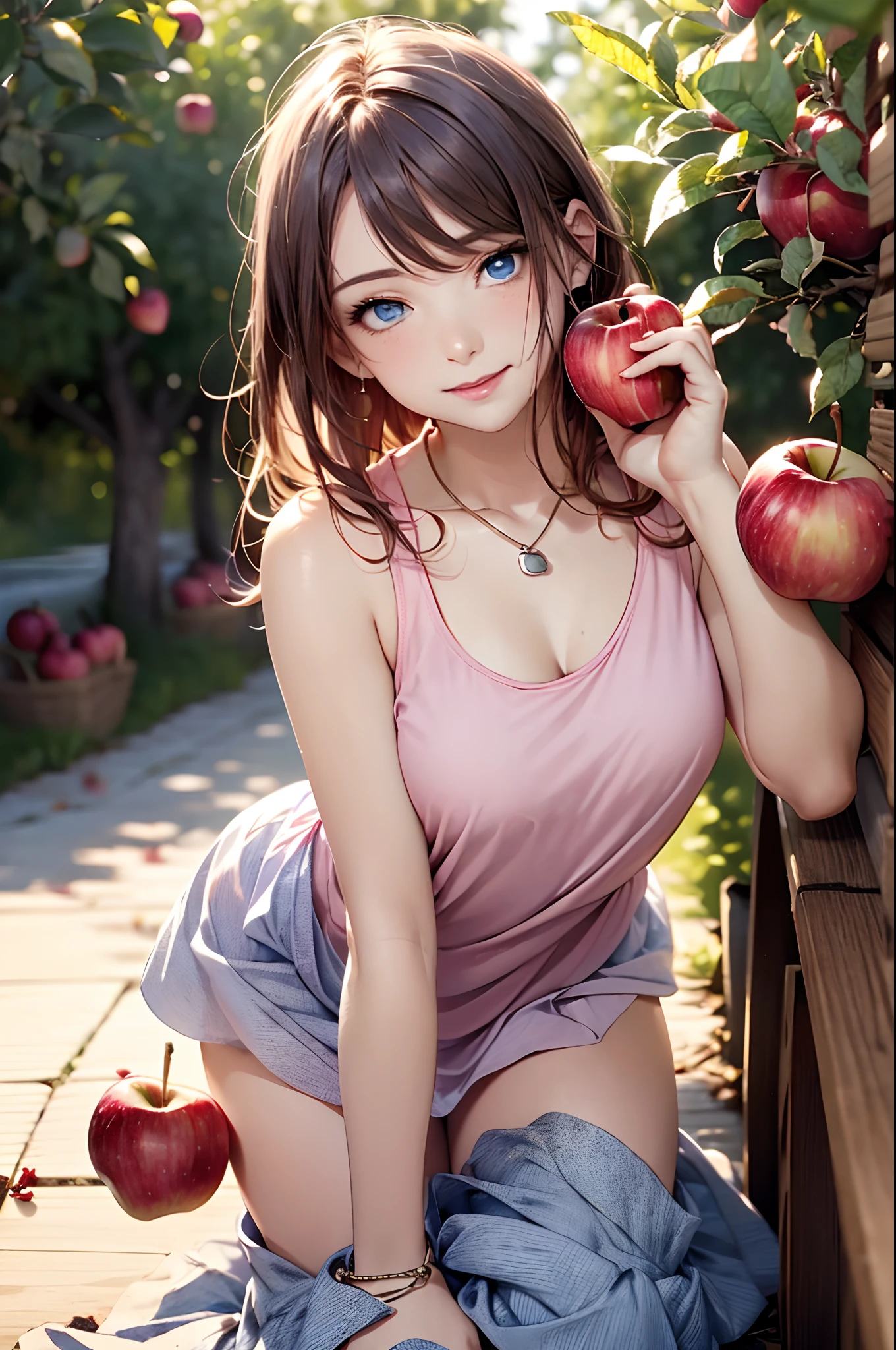 ((topless)), nsfw, masterpiece, solo, 1 girl, erect nipples, nipples, navel, necklace, scottish kilt, smiling, hair ornament, bare breasts, bare stomach, sweaty, cowboy shot, small breasts, puffy nipples, texts, bare arms, collarbones, blonde, flower crown, smiling, petite, flat chest, blue eyes, scottish skirt, small breasts, child, apple basket, farm, alpine, temperate, outdoors, petite, slim waist, snowy mountain, detailed eyes, beautiful eyes, perky boobs, realistic skin
