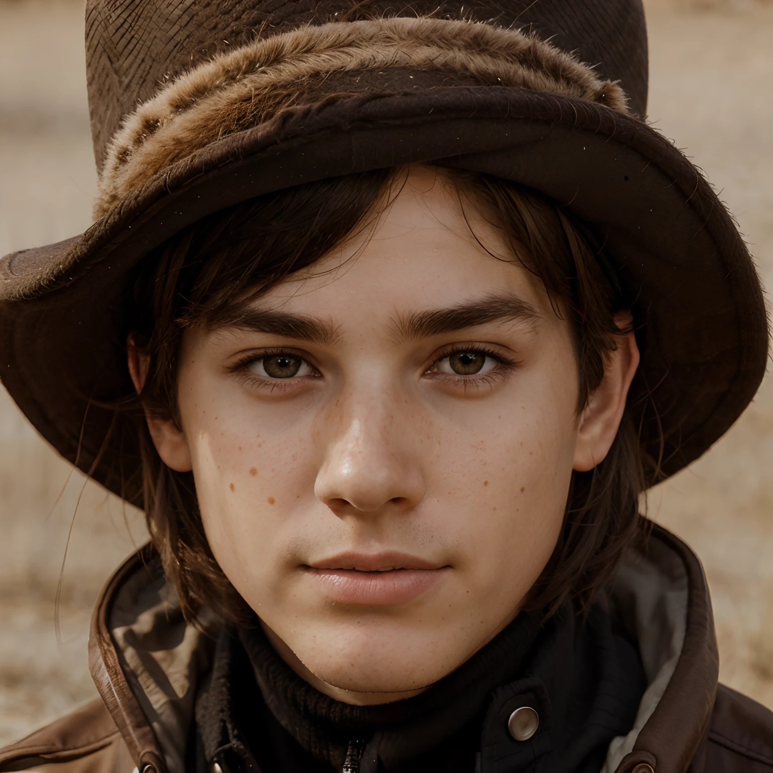 Young male, boy, brown hair, brown eyes, freckles, cowboy, black hat, face portrait, face close-up
