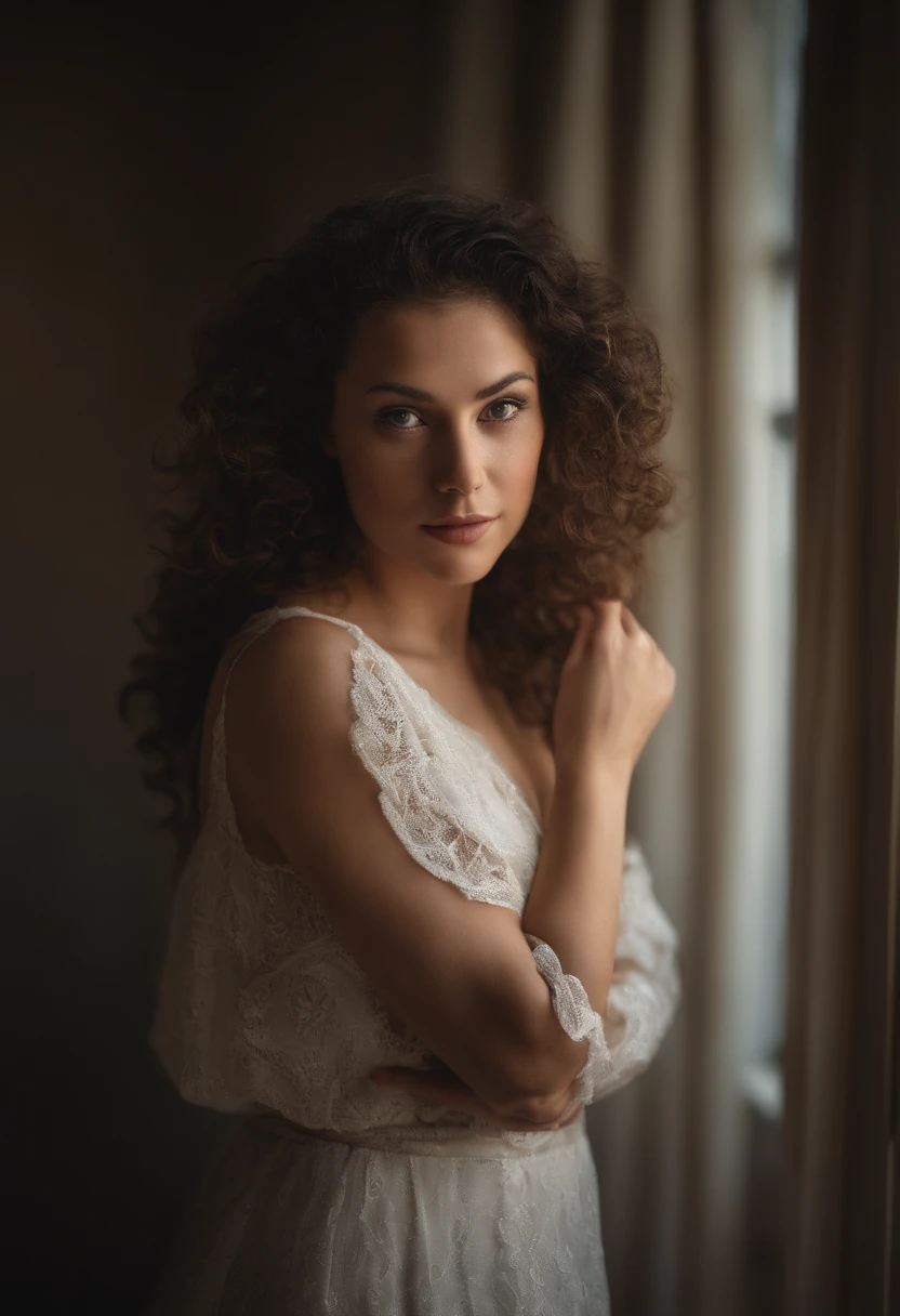 (mise au point nette:1.2), photographier, attractive young woman, (doux visage:1.1), lips slightly apart, (kein Maquillage:1.2), (Grands yeux:1.0), (corps tonique:1.2), (curly hair:1.2), (gros seins:1.3), portant (CASSER:1.2) Anna (route:1.2). (moody lighting:1.2), profondeur de champ, Bokeh, 4K, Hdr.