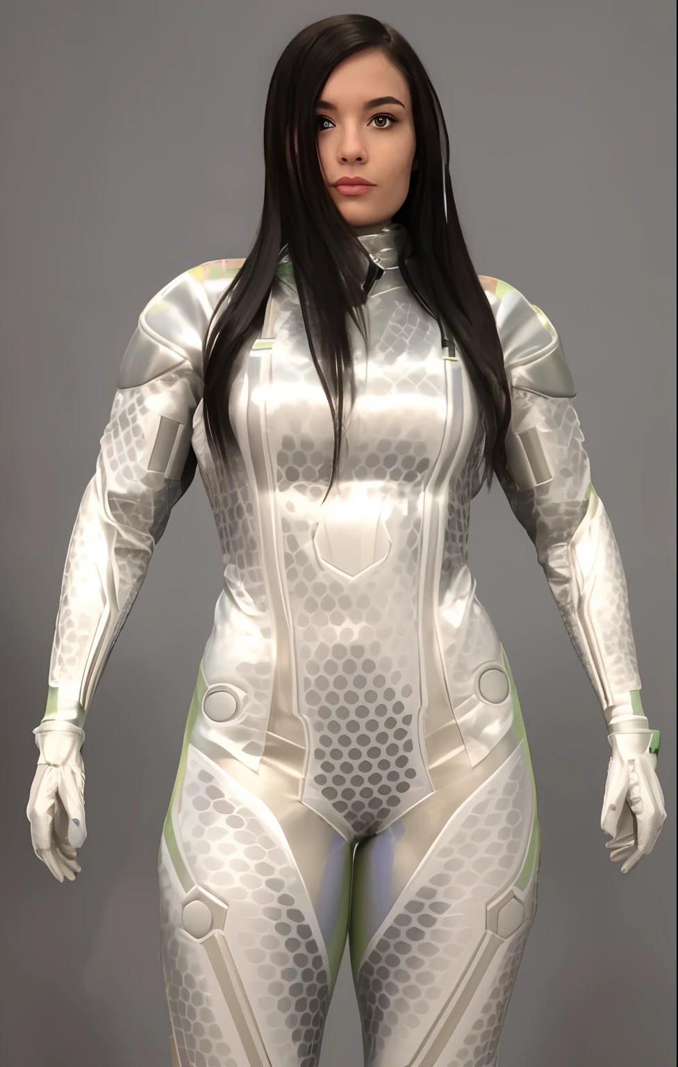 Une femme brune aux cheveux longs en costume futuriste pose pour une photo, cyber suit, Different Cybersecurity Combinations, en armure futuriste blanche, Costume holographique, Cybersuit, Costumes SCI - FI, Peau de science-fiction, , Women's science fiction, White metal armor, Porter une armure futuriste, pearlescent skin, sci fi female character,