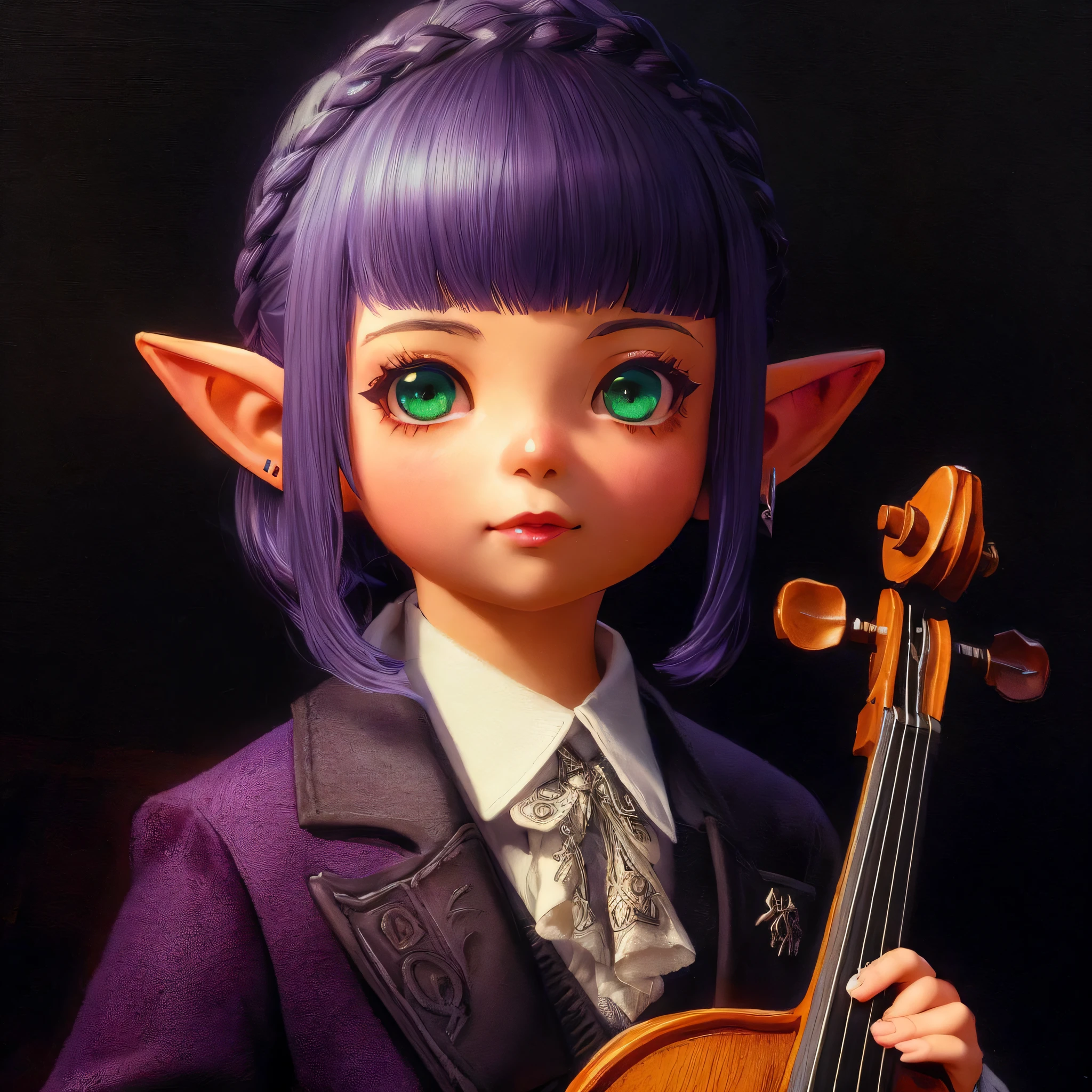 Masterpiece, Mogi-style, complex lighting, solo focus, female, Lalafell, childish, big vibrant green eyes, pointy ears, dark purple-ish bobbed hair, right side braid, open purplish blazer, shirt, jeans, full body, violin, dark background, vibrant hues, cinematic.