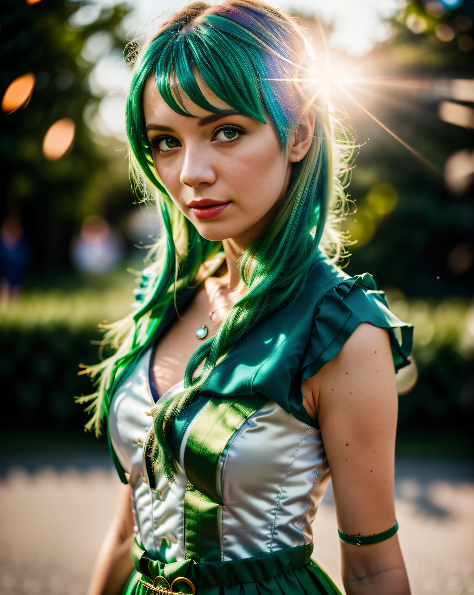 green hair girl, (8k, RAW photo, best quality, masterpiece:1.2, masterpiec8K.HDR. highresabsurdres:1.2, film grain, blurrybokeh:1.2, lens flare, (vibrant color:1.2), (delicate))