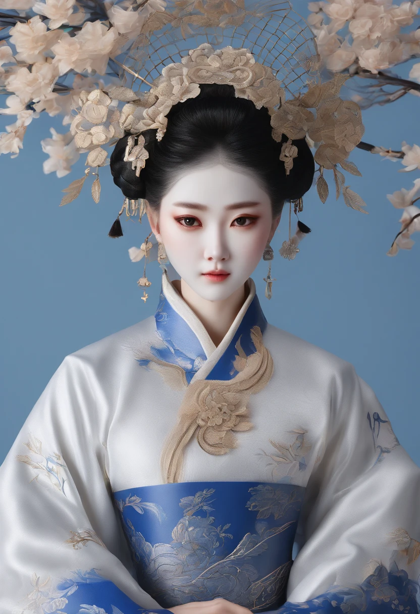 Blue and white porcelain,Ceramic material: Chinese style Tang Dynasty female doll,Ancient clothes,Embossed flowers on the body,artwork of a,Ornaments, high detail,3D, Chiaroscuro, Cinematic lighting, god light, Cinematic lighting, hyper HD, High details, Best quality, A high resolution, Textured skin