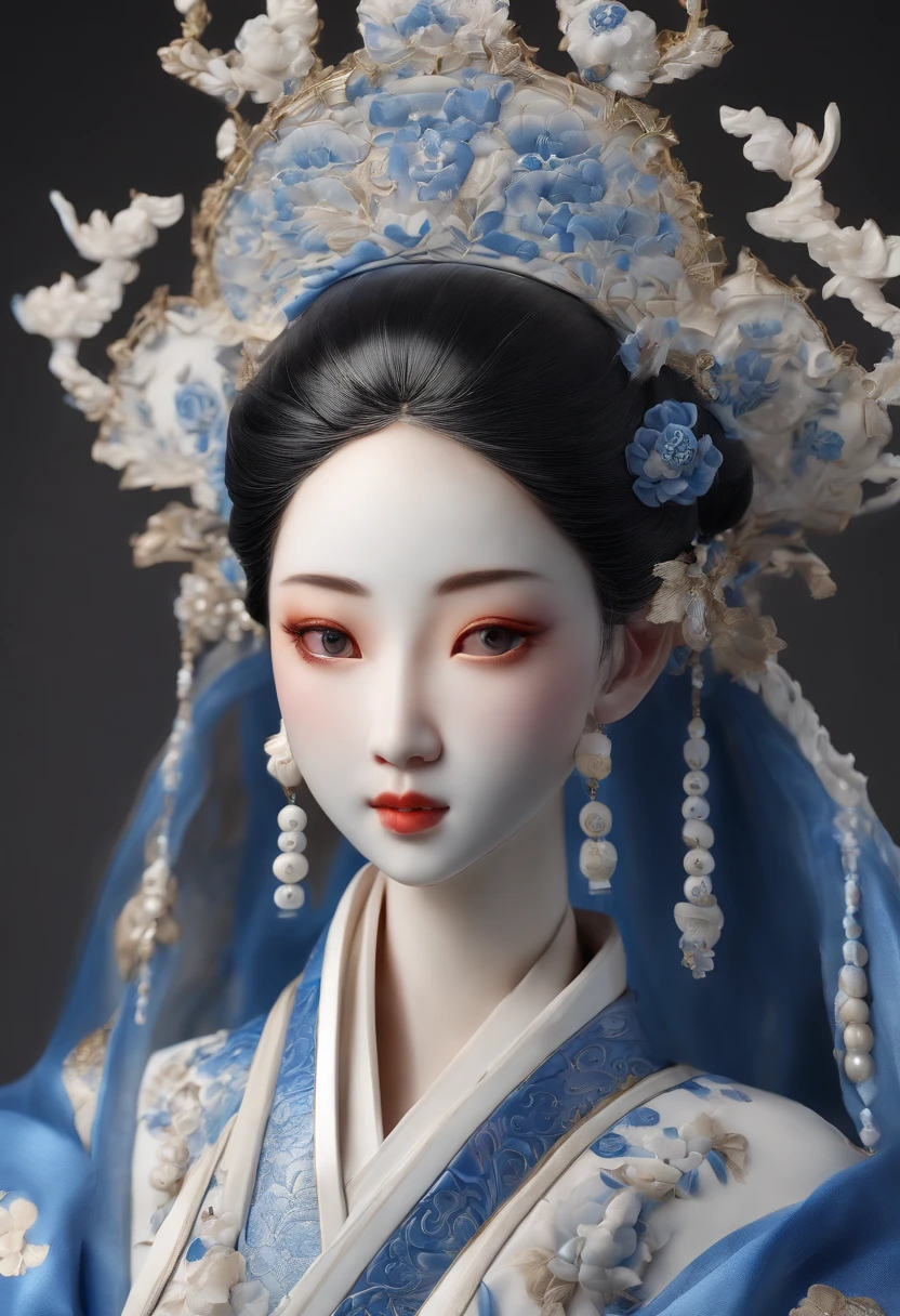 Blue and white porcelain,Ceramic material: Chinese style Tang Dynasty female doll，Ancient clothes，Embossed flowers on the body，artwork of a，Ornaments， high detail,3D， Chiaroscuro, Cinematic lighting, god light, Cinematic lighting, hyper HD, High details, Best quality, A high resolution, Textured skin