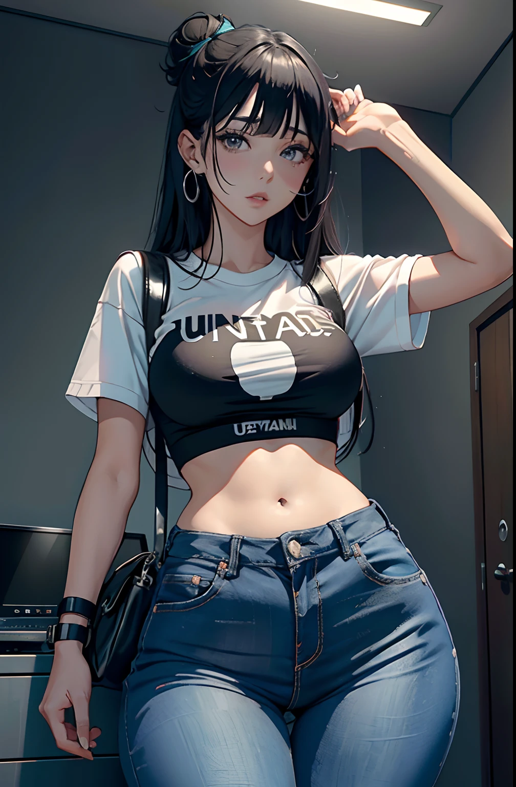 (Hinata Hyuga, muito sensual, com roupas apertadas, bunda grande, pernas grossas, Wearing extremely tight jeans, usando uma mini blusa, umbigo com pirsing, cabelo grande, Speaker behind, muito realista, extremamente sexy, 8k, 8k extremamente detalhado), (um extremamente delicado e bonito), (obra-prima), (melhor qualidade: 1.0), (ultra highres:1.0)
