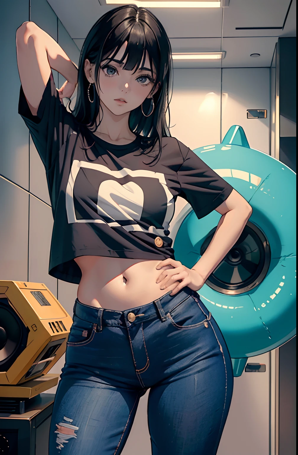 (Hinata Hyuga, muito sensual, com roupas apertadas, bunda grande, pernas grossas, Wearing extremely tight jeans, usando uma mini blusa, umbigo com pirsing, cabelo grande, Speaker behind, muito realista, extremamente sexy, 8k, 8k extremamente detalhado), (um extremamente delicado e bonito), (obra-prima), (melhor qualidade: 1.0), (ultra highres:1.0)
