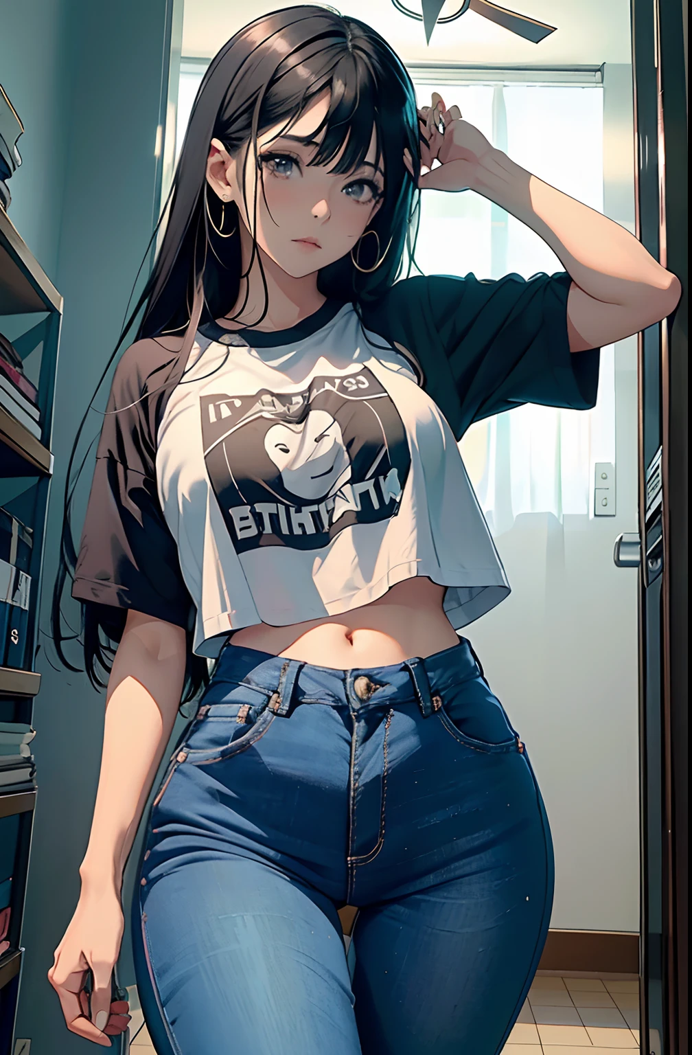 (Hinata Hyuga, muito sensual, com roupas apertadas, bunda grande, pernas grossas, Wearing extremely tight jeans, usando uma mini blusa, umbigo com pirsing, cabelo grande, Speaker behind, muito realista, extremamente sexy, 8k, 8k extremamente detalhado), (um extremamente delicado e bonito), (obra-prima), (melhor qualidade: 1.0), (ultra highres:1.0)