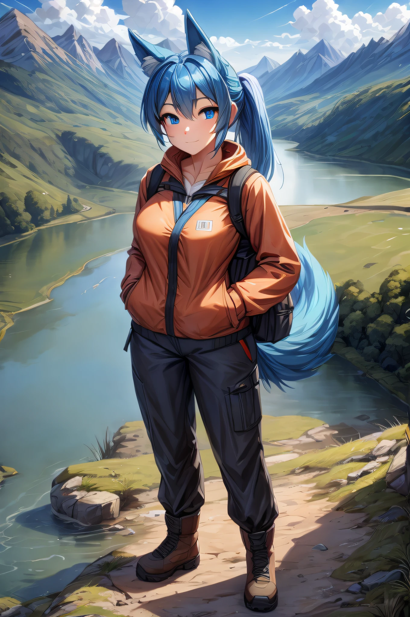 (Masterpiece) (High Detail) (High Res) A short humanoid girl with pale human skin and blue eyes and long blue hair in a ponytail and blue dog ears and a fluffy dog tail behind her and average breasts is on a hike in the countryside. She is wearing an Orange Coat, Black Combat Trousers, Black Rucksack on her back, black hiking boots. Large mountains, river, lake, countryside, amazing scenery.