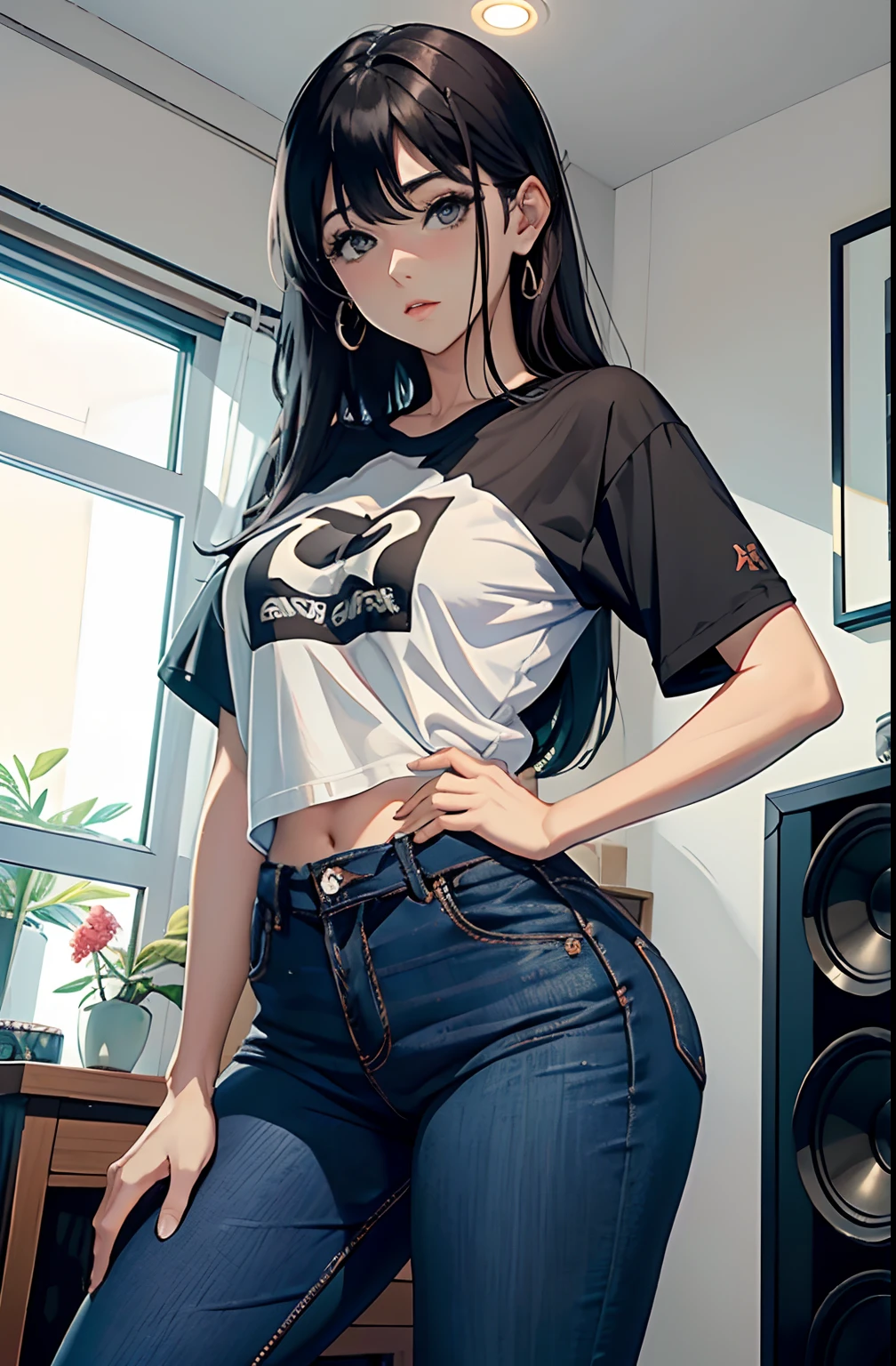 (Hinata Hyuga, muito sensual, com roupas apertadas, bunda grande, pernas grossas, Wearing extremely tight jeans, usando uma mini blusa, umbigo com pirsing, cabelo grande, Speaker behind, muito realista, extremamente sexy, 8k, 8k extremamente detalhado), (um extremamente delicado e bonito), (obra-prima), (melhor qualidade: 1.0), (ultra highres:1.0)