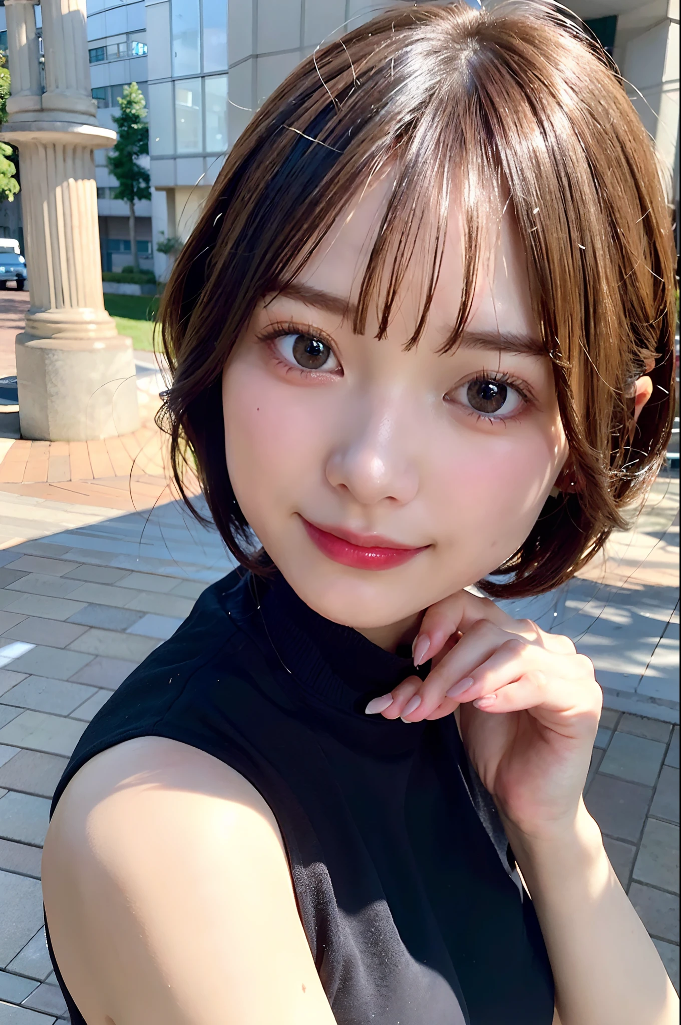 (8k, RAW Photos:1.2),Detailed face and eyes,最high quality, 超A high resolution, Very detailed ,Intricate details ,Tabletop ,pretty girl , Soft cinematic light, Hyper Detail,Sharp focus, high quality,Black-haired, Bobcut,  outside, knit, panties, Peeking from below