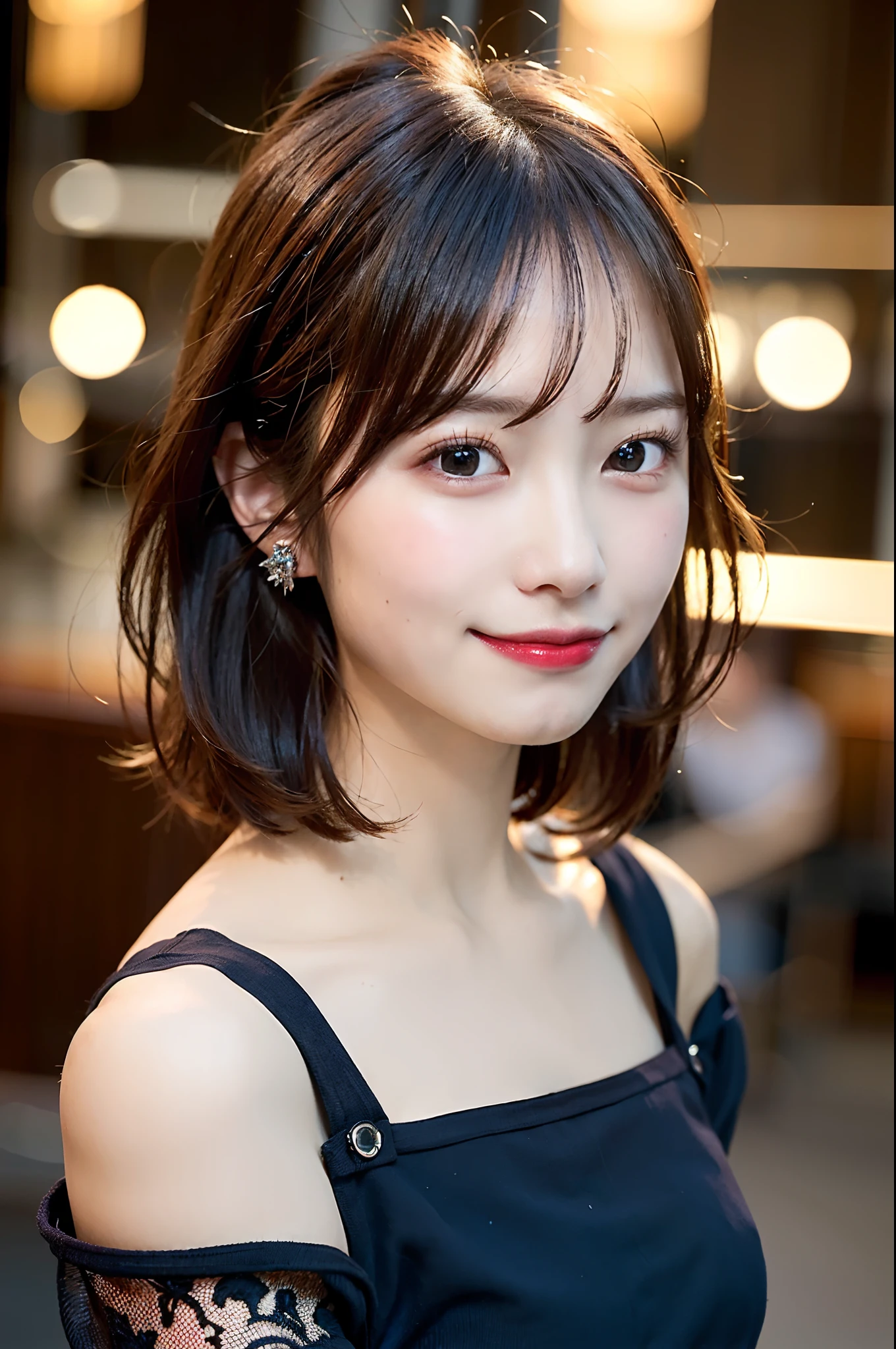 white background, half body portrait, bust shot, looks very happy, smile, one girl, (a beauty girl, delicate girl:1.3), (20 years old:1.3), break, (wear black off shoulder dress), break, very fine eyes, (symmetrical eyes:1.3), break, E cup breasts, brown eyes, parted bangs, short hair, brown hair,  (eyes and faces with detailed:1.0), break, (masterpiece, best quality, ultra detailed, detailed face, 8k)