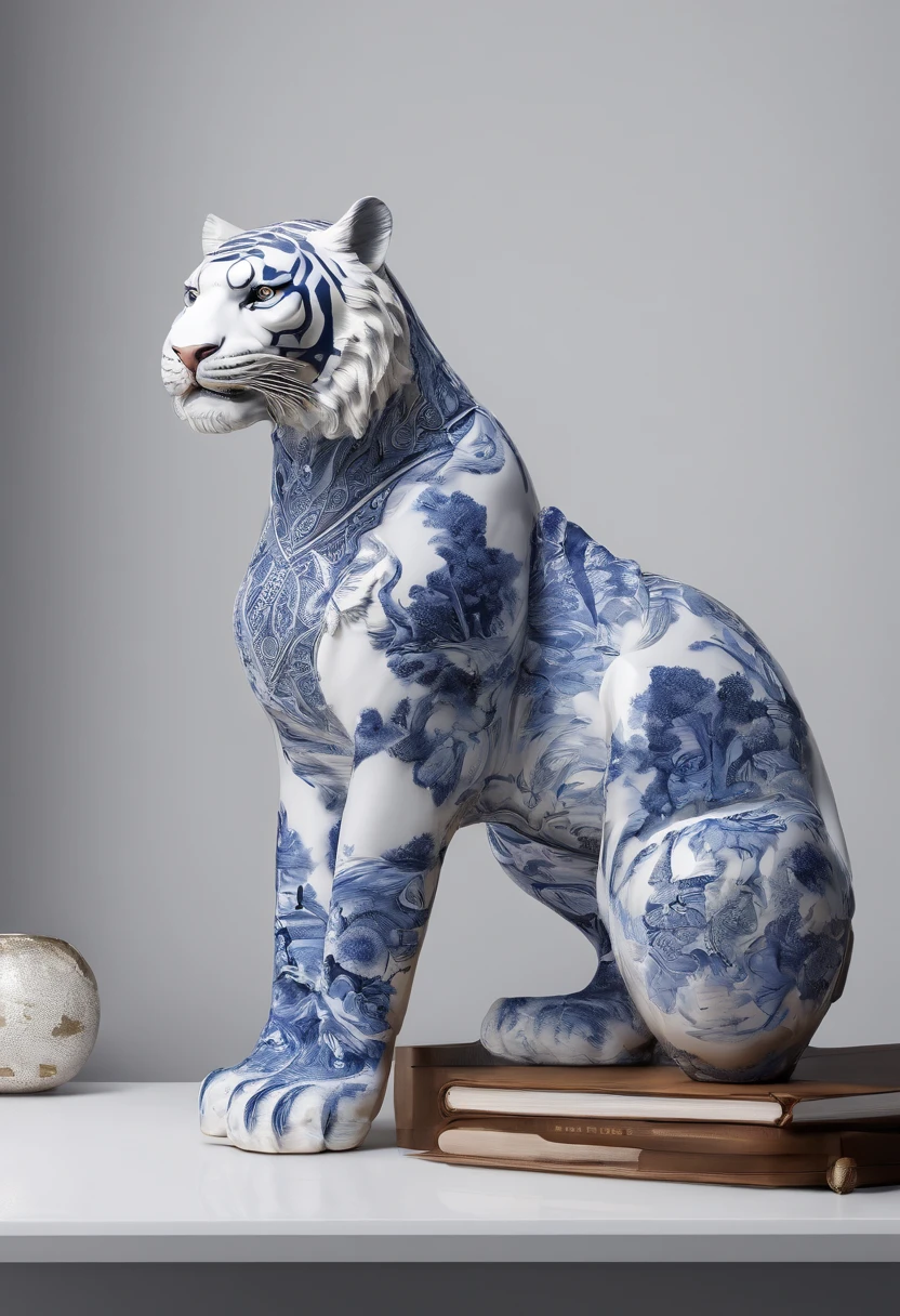 Blue and white porcelain,Ceramic material tiger，Ancient Style，On the table，artwork of a，Ornaments， high detail,3D， Chiaroscuro, Cinematic lighting, god light, Cinematic lighting, hyper HD, High details, Best quality, A high resolution, Textured skin