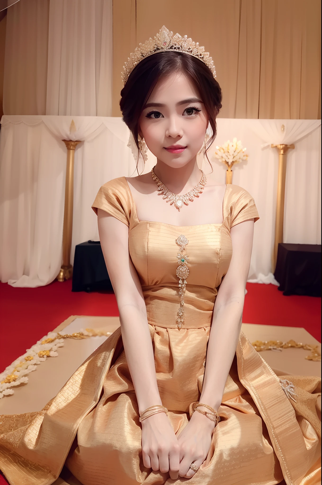 masterpiece,ultra realistic, best quality,goddess,goddess, royal style, gold accessories, royal style,, ( mini dress ) ,((spring day )),necklace,, at the wedding event ,NSFW, ((masutepiece, Best Quality)), (Shiny skin), (nffsw, 8K Wallpaper, High resolution)