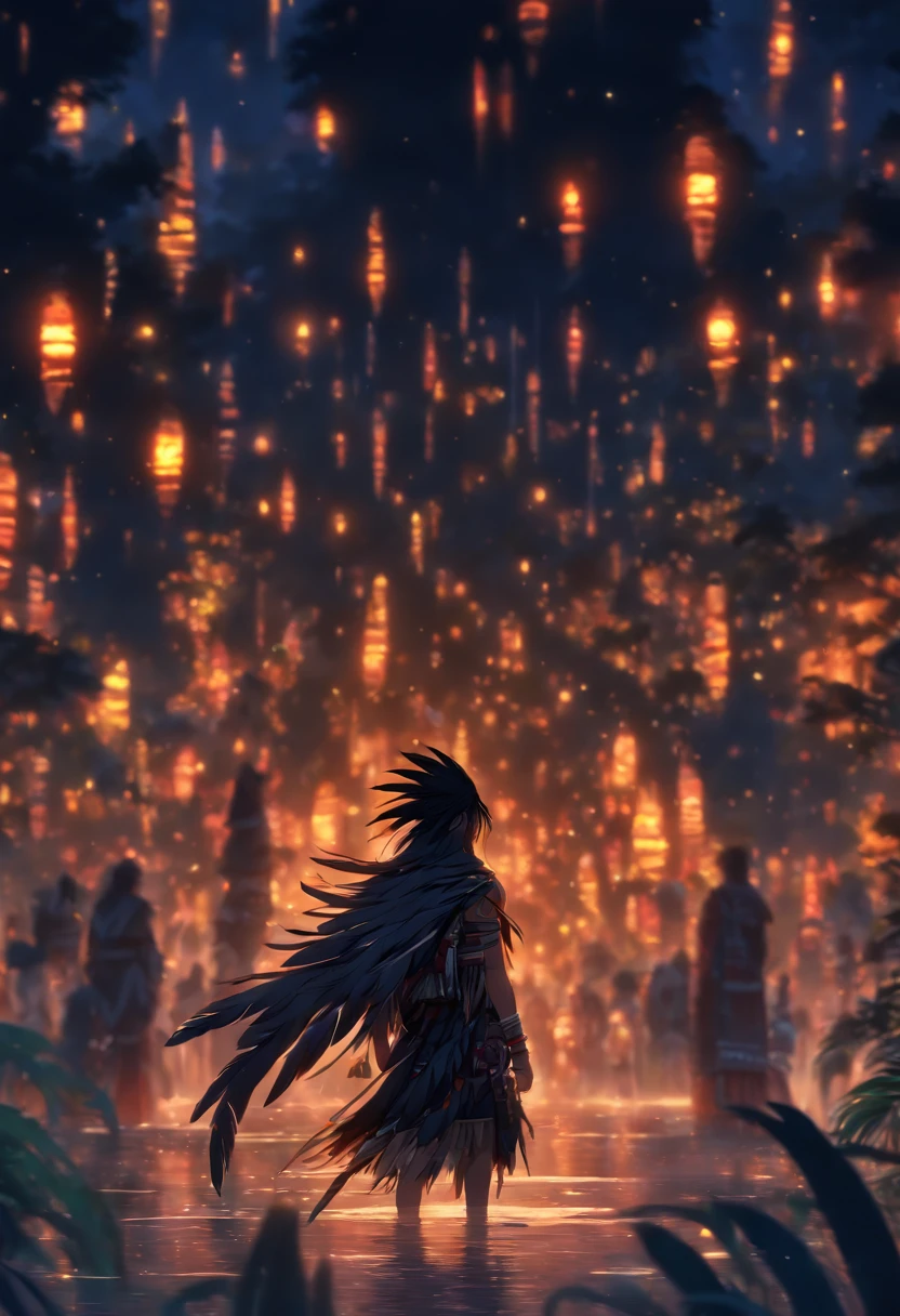 (((black feathers))) best quality, very high resolution, detailed CG in 4K, masterpiece, man, black hair, black feathers, amazon brazil, rivers, indigenous people, indigenous tribes, indigenous city, forest, aesthetics, beautiful image , centered on screen, full body
