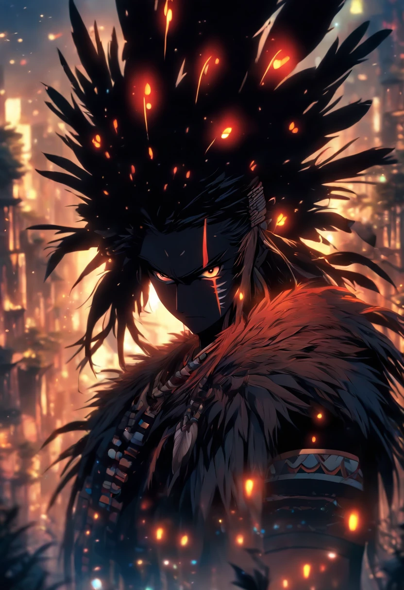 (((black feathers))) best quality, very high resolution, detailed CG in 4K, masterpiece, man, black hair, black feathers, amazon brazil, rivers, indigenous people, indigenous tribes, indigenous city, forest, aesthetics, beautiful image , centered on screen, full body