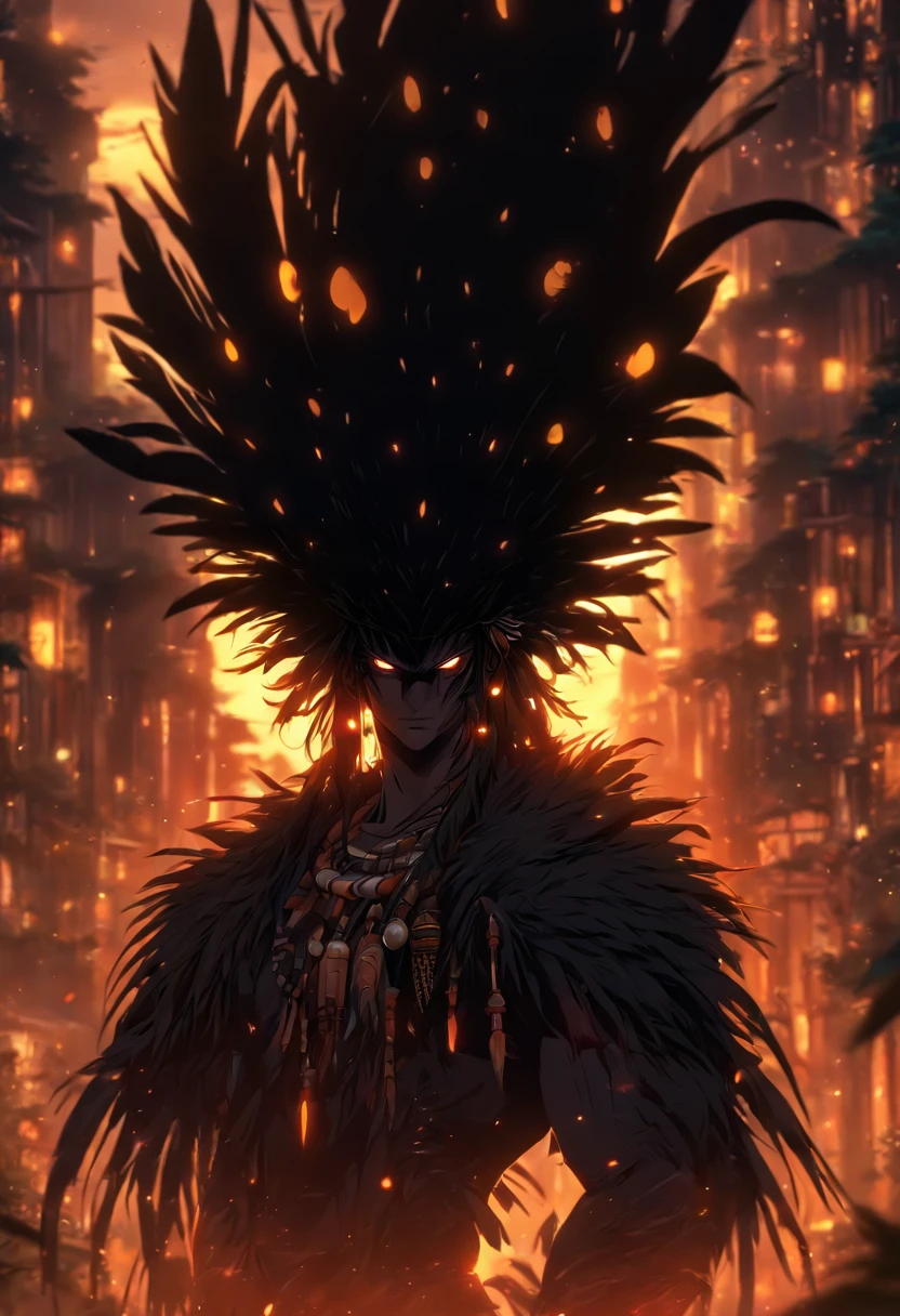 (((black feathers))) best quality, very high resolution, detailed CG in 4K, masterpiece, man, black hair, black feathers, amazon brazil, rivers, indigenous people, indigenous tribes, indigenous city, forest, aesthetics, beautiful image , centered on screen, full body