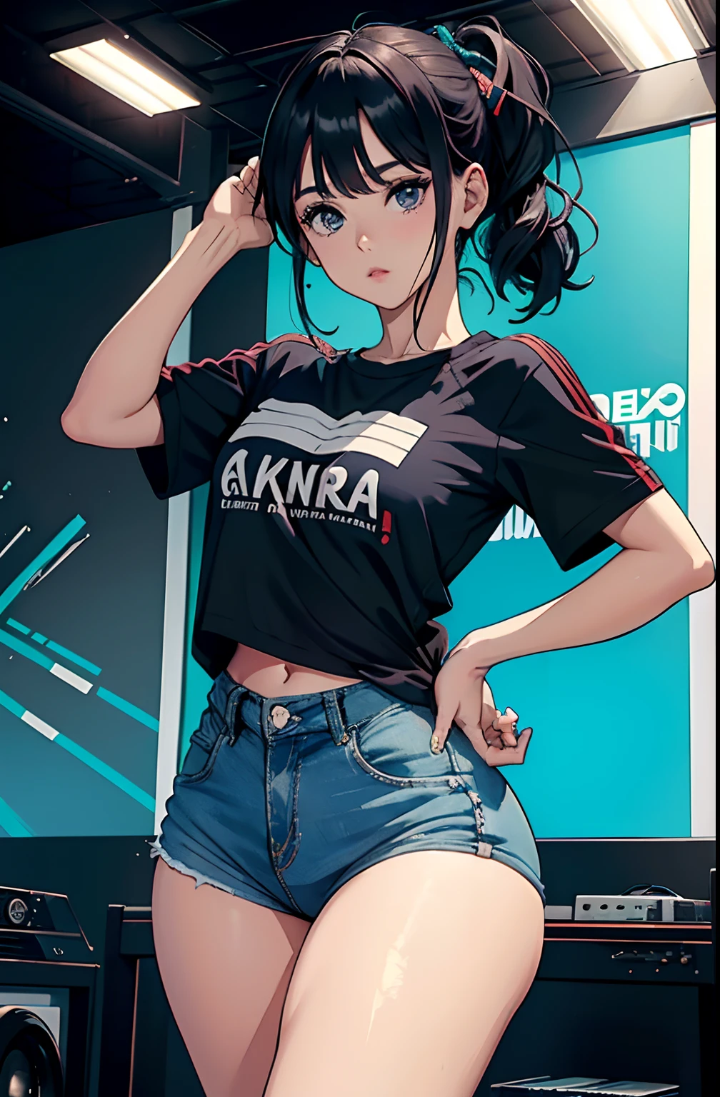 (Hinata Hyuga, muito sensual, com roupas apertadas, bunda grande, pernas grossas, Wearing extremely tight jeans, usando uma mini blusa, umbigo com pirsing, cabelo grande, Speaker behind, muito realista, extremamente sexy, 8k, 8k extremamente detalhado), (um extremamente delicado e bonito), (obra-prima), (melhor qualidade: 1.0), (ultra highres:1.0)