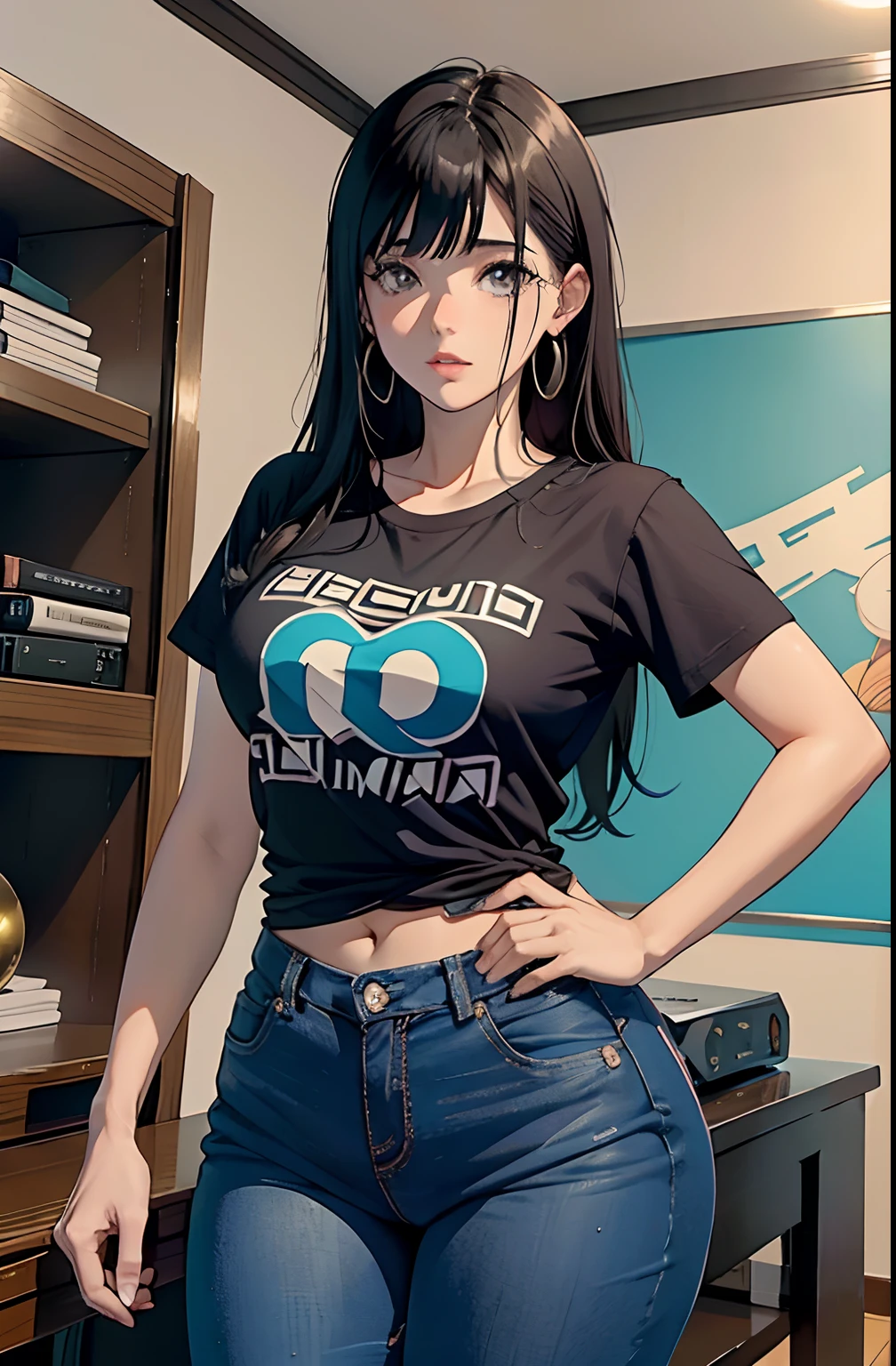 (Hinata Hyuga, muito sensual, com roupas apertadas, bunda grande, pernas grossas, Wearing extremely tight jeans, usando uma mini blusa, umbigo com pirsing, cabelo grande, Speaker behind, muito realista, extremamente sexy, 8k, 8k extremamente detalhado), (um extremamente delicado e bonito), (obra-prima), (melhor qualidade: 1.0), (ultra highres:1.0)