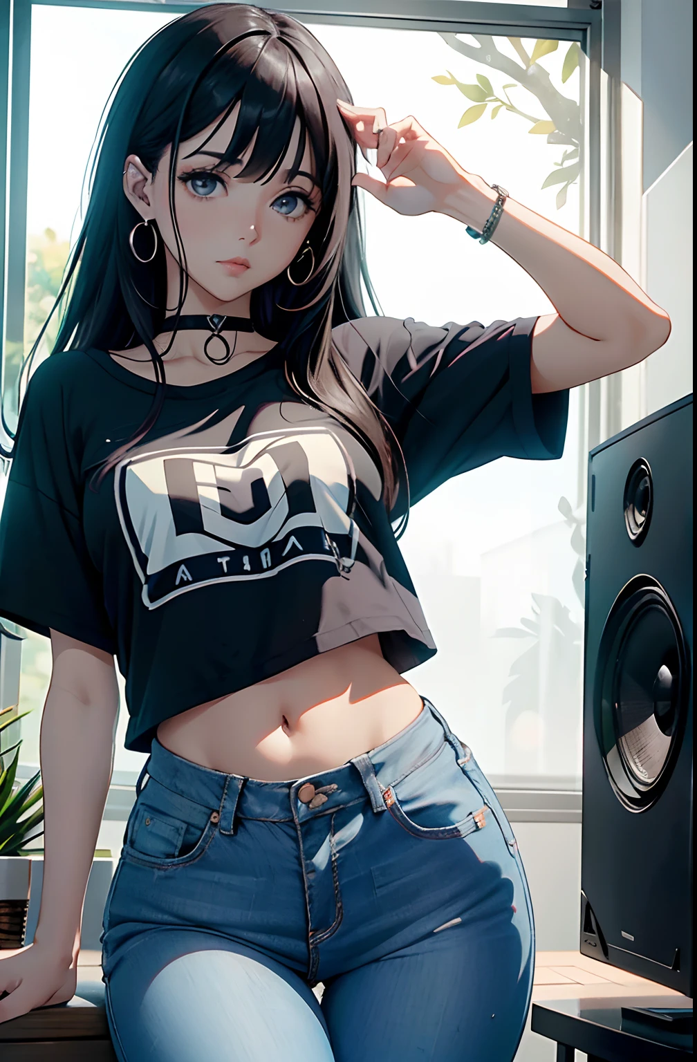 (Hinata Hyuga, muito sensual, com roupas apertadas, bunda grande, pernas grossas, calçaleggingpretaapertada, usando uma mini blusa, umbigo com pirsing, cabelo grande, Speaker behind, muito realista, extremamente sexy, 8k, 8k extremamente detalhado), (um extremamente delicado e bonito), (obra-prima), (melhor qualidade: 1.0), (ultra highres:1.0)