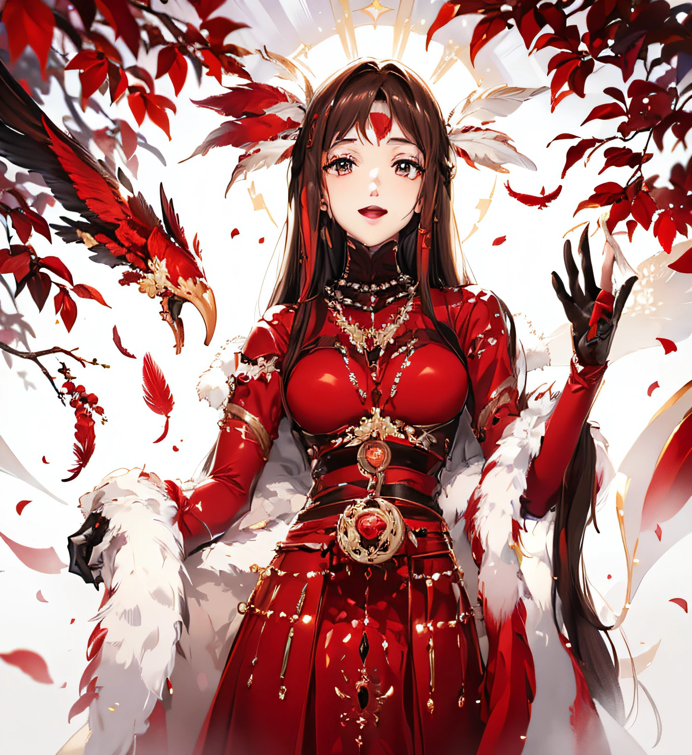 tmasterpiece,Best quality,Super fine illustration,One wearing a red dress,Brunette beauty with feathers on her head,White fluffy red cloak,