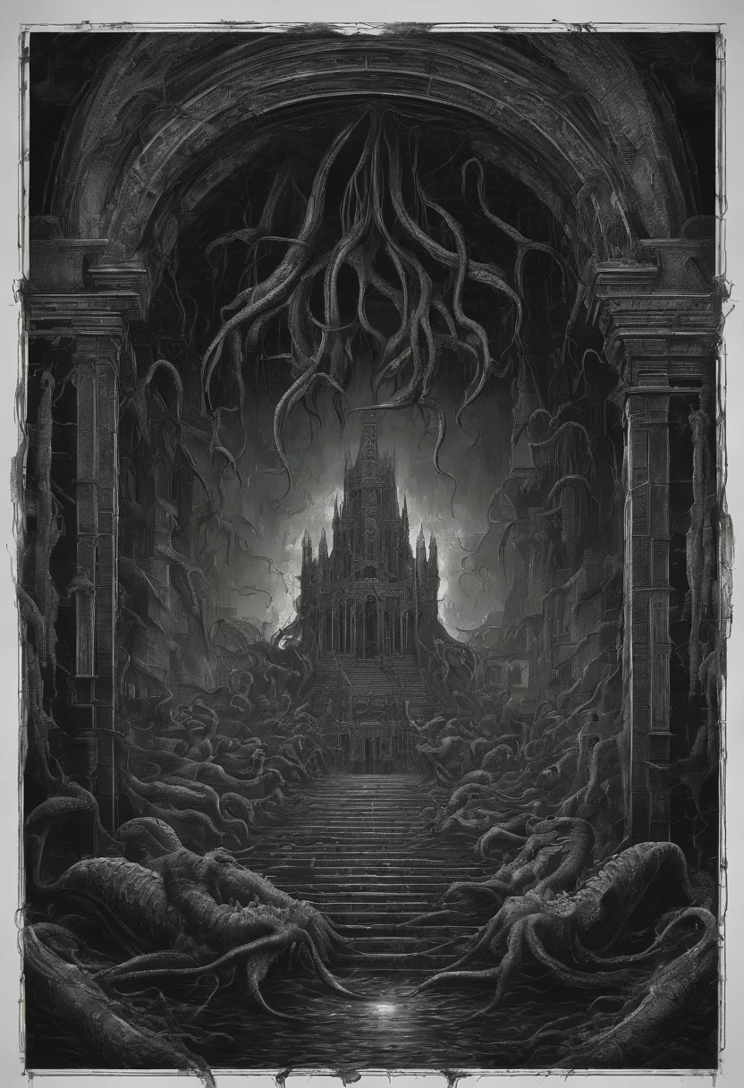 Cthulhu Palace in the deep sea, Scary, Weird, Thrilling, Evil, Pitch black, Whispering of ancient gods, Huge tentacles crawling on the ground, Dead