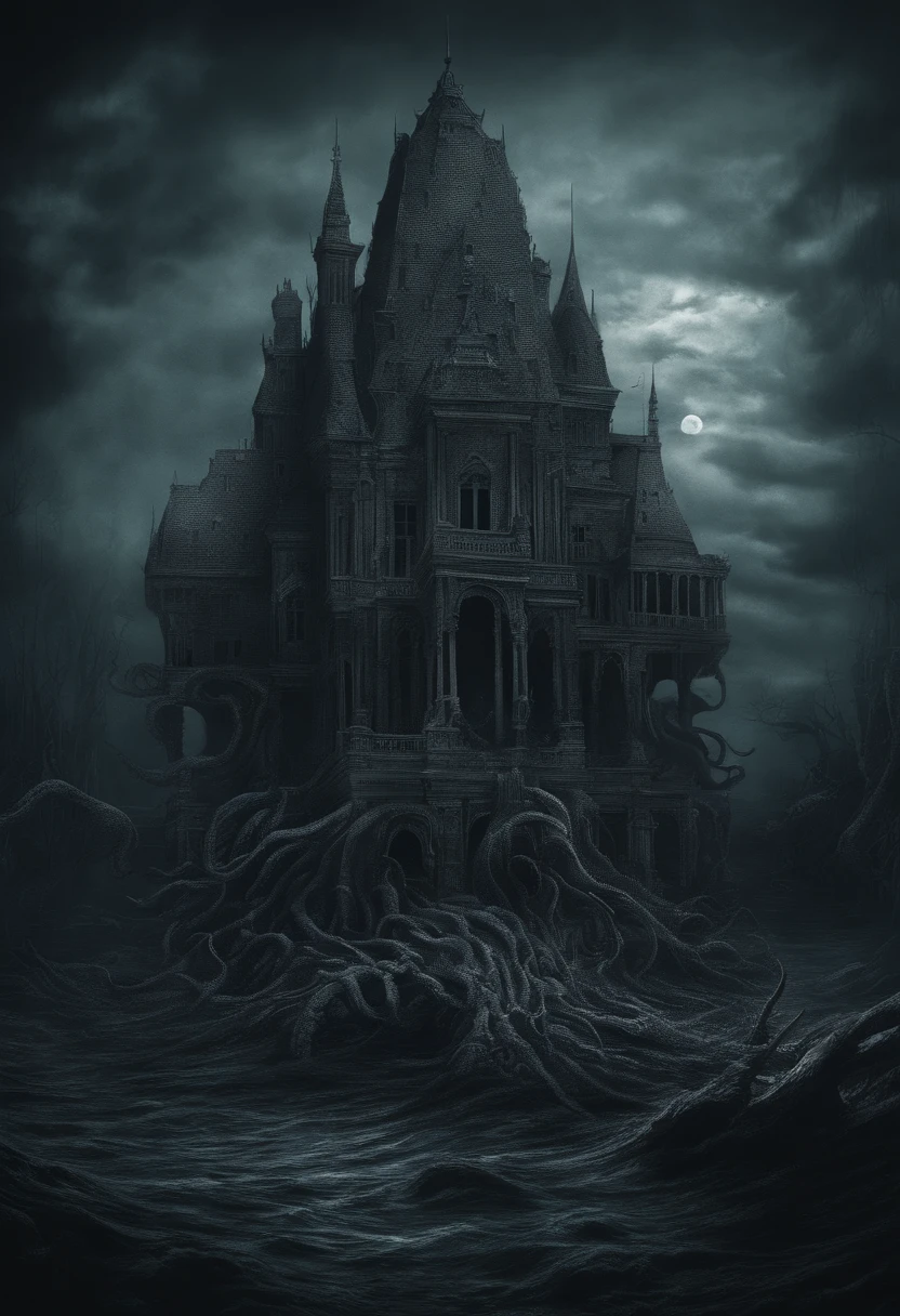 Cthulhu Palace in the deep sea, Scary, Weird, Thrilling, Evil, Pitch black, Whispering of ancient gods, Huge tentacles crawling on the ground, Dead
