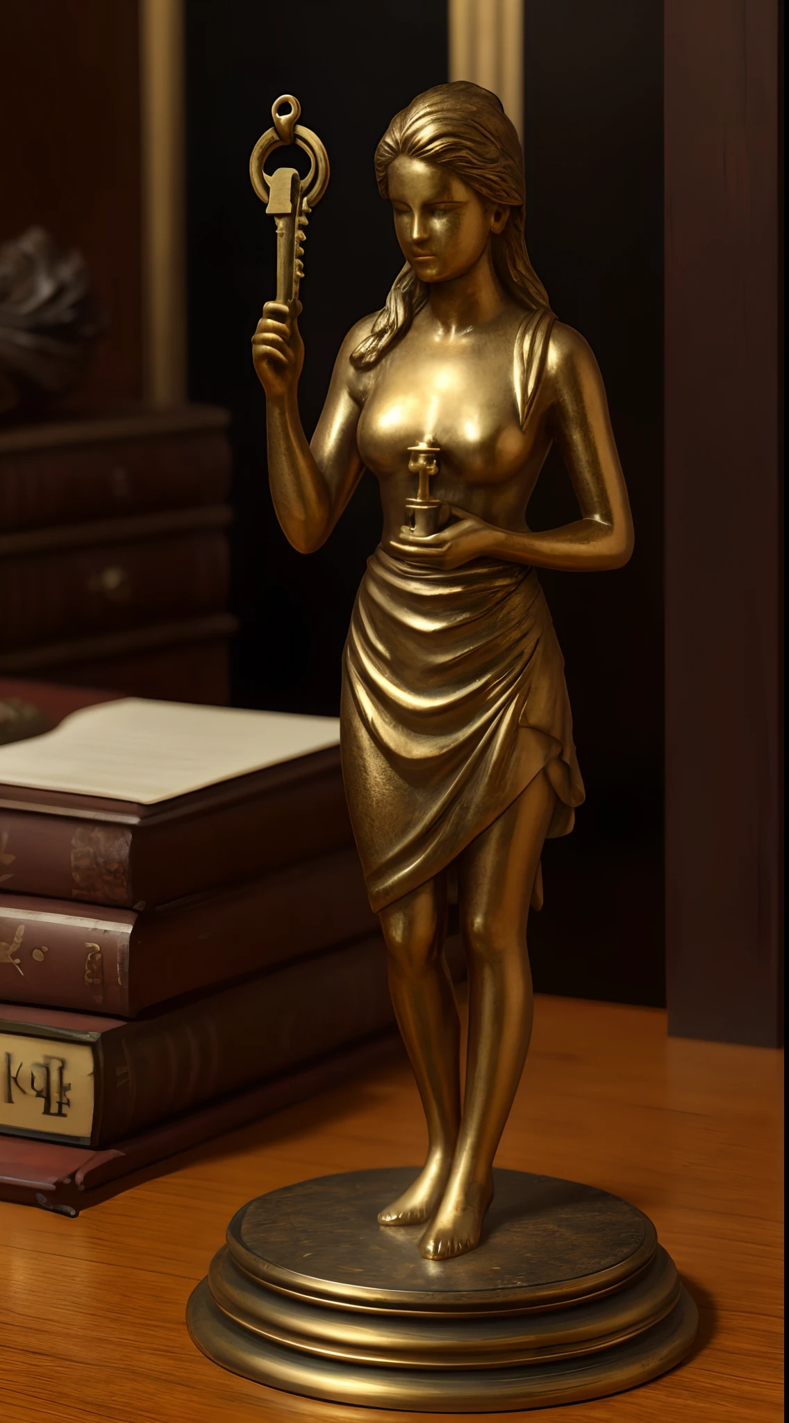 Photorealistic, final render, real, realistic, a small brass statuette of a female holding a key, on a desk, in a mansion, horror, dark, dim