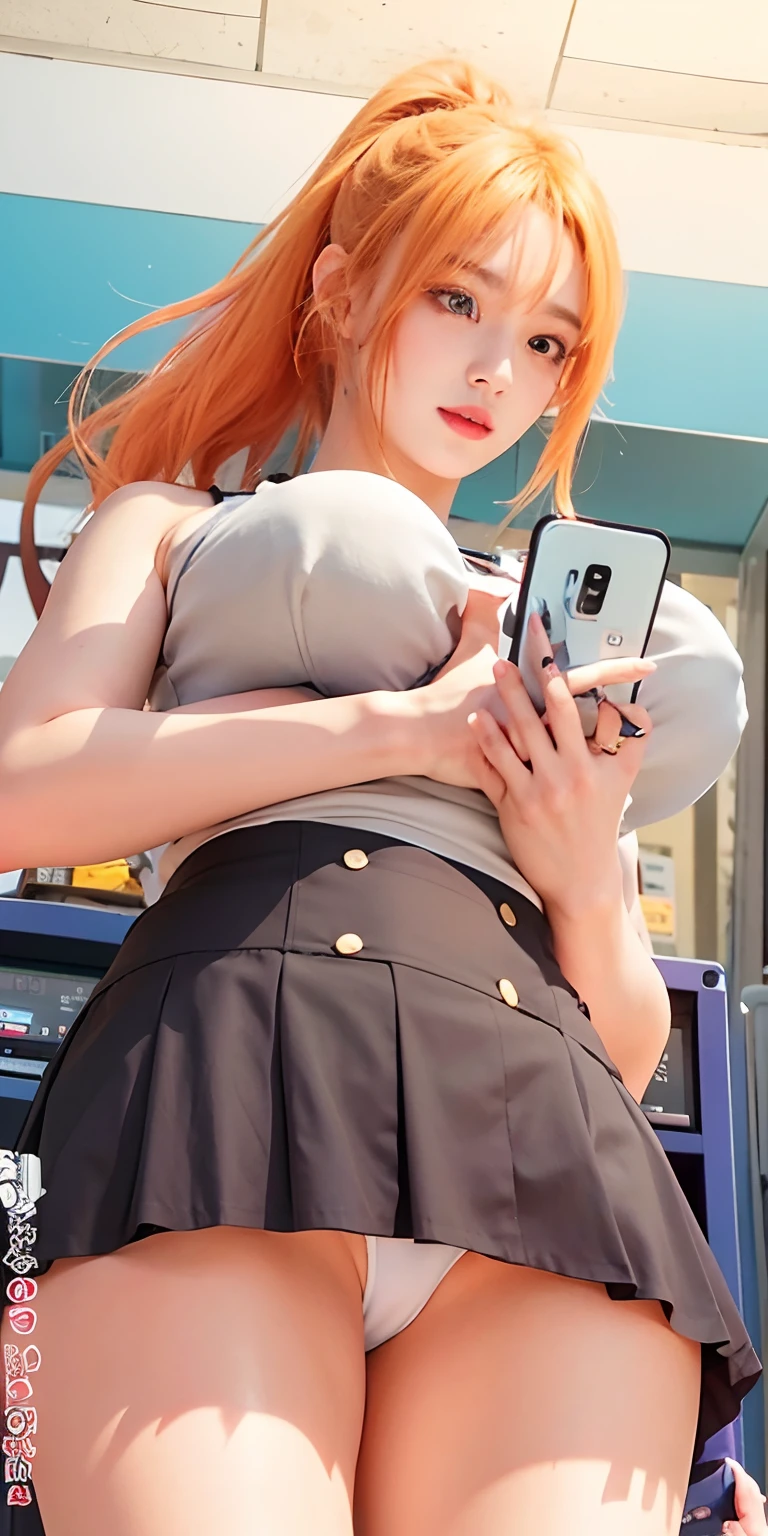 1girl,huge breast,orange hair, ponytail hair, white clothes, black skirt, holding a smartphone, ultra detailed