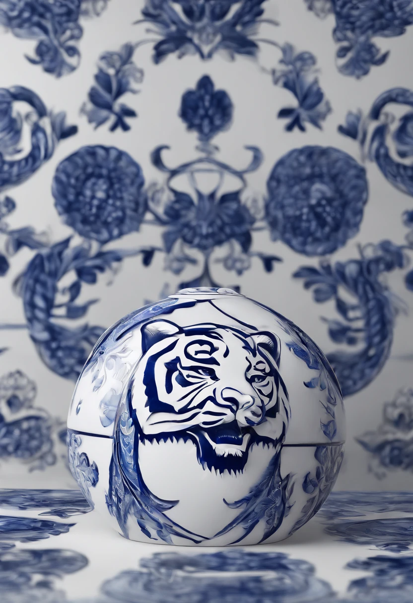 Blue and white porcelain,Ceramic material tiger，solid，On a table，artwork of a，Ornaments， high detail,3D， Chiaroscuro, Cinematic lighting, god light, Cinematic lighting, hyper HD, High details, Best quality, A high resolution, Textured skin