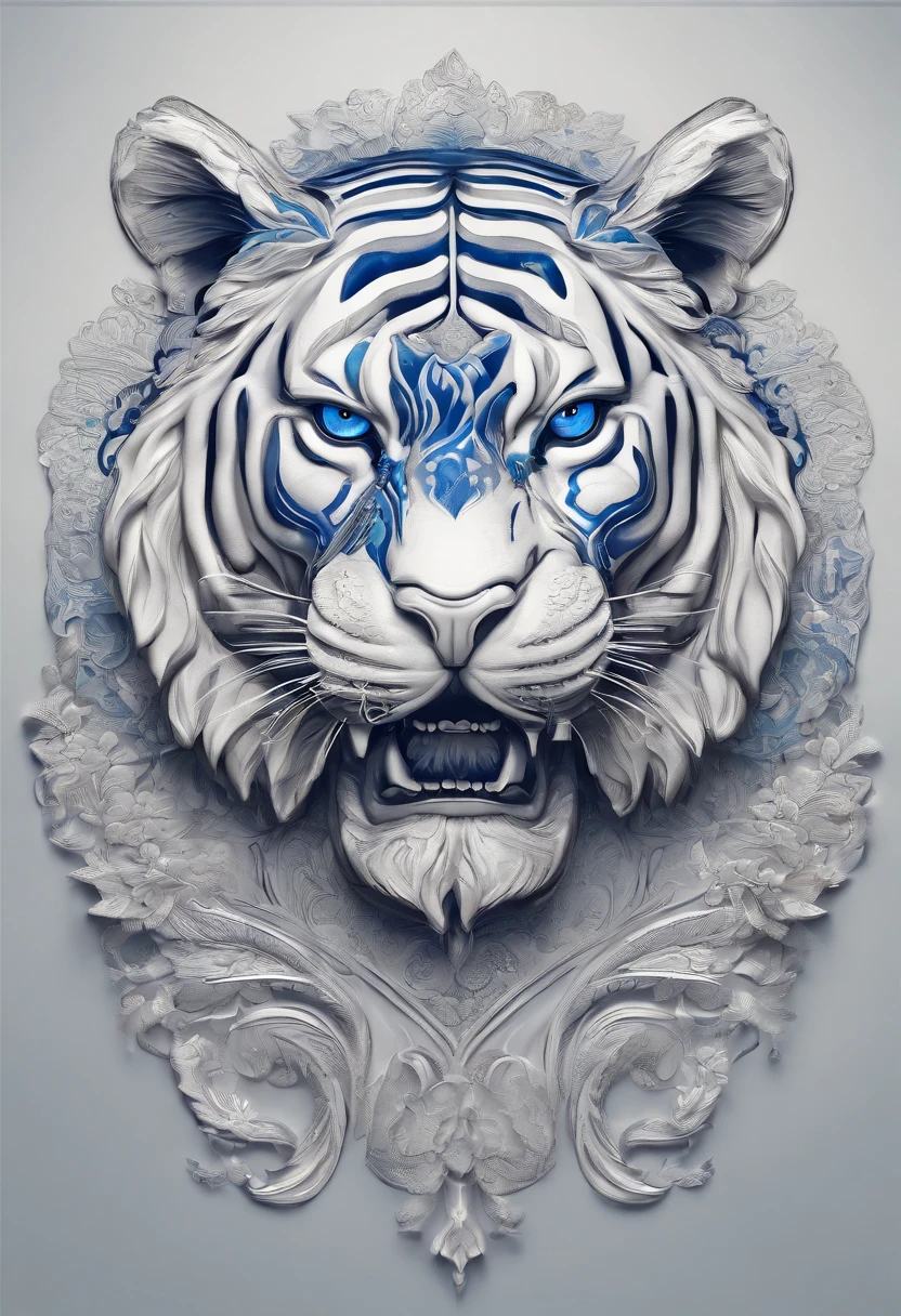 Blue and white porcelain,Ceramic material tiger,solid,On a table,artwork of a,Ornaments, high detail,3D, Chiaroscuro, Cinematic lighting, god light, Cinematic lighting, hyper HD, High details, Best quality, A high resolution, Textured skin