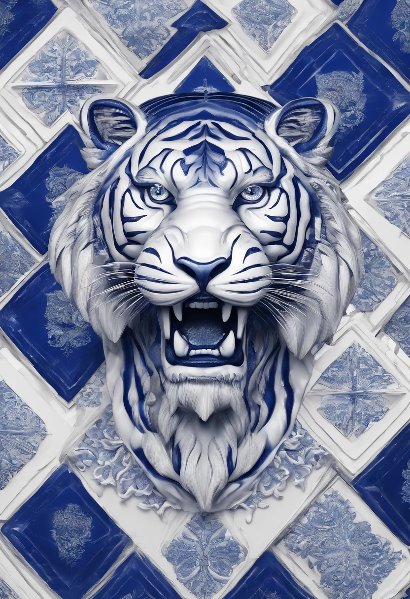 Blue and white porcelain,Ceramic material tiger，solid，On a table，artwork of a，Ornaments， high detail,3D， Chiaroscuro, Cinematic lighting, god light, Cinematic lighting, hyper HD, High details, Best quality, A high resolution, Textured skin