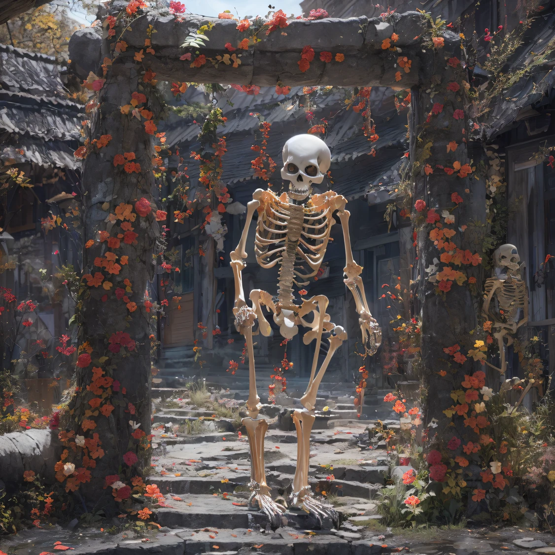 Yakes，Transparent wings，downpours，Wear thick gold-framed reflective sunglasses，32K（tmasterpiece，k hd，hyper HD，32K）Bright orange burgundy double ponytail，The Silver Skull Jewelry District in the backstreets，Indigo Skull Belly Pocket King ，Skeleton protector （The skeleton is realistic：1.4），Skull pattern robe，Silver skull flower ornaments，Petals flutter，Colored ball head，Hold your head high，Be proud，The nostrils look at people， A high resolution， the detail， RAW photogr， Sharp Re， Nikon D850 Film Stock Photo by Jefferies Lee 4 Kodak Portra 400 Camera F1.6 shots, Rich colors, ultra-realistic vivid textures, Dramatic lighting, Unreal Engine Art Station Trend, cinestir 800，Hold your head high，Be proud，The nostrils look at people，Tsundere，Petals flutter，Petals flutter，Sprinkle with gold dust，Fluttering，Impeccable，( reasonable design, Clear lines, High sharpness,Best quality, Very detailed skeleton, The skeleton of a masterpiece, offcial art, movie light effect, 4K skeleton（（（Wear thick gold-framed reflective sunglasses）））Transparent wings，（Big bone sticks）（Hold a large bone rod in your hand）（Leg bone weapons）Big bone rod，