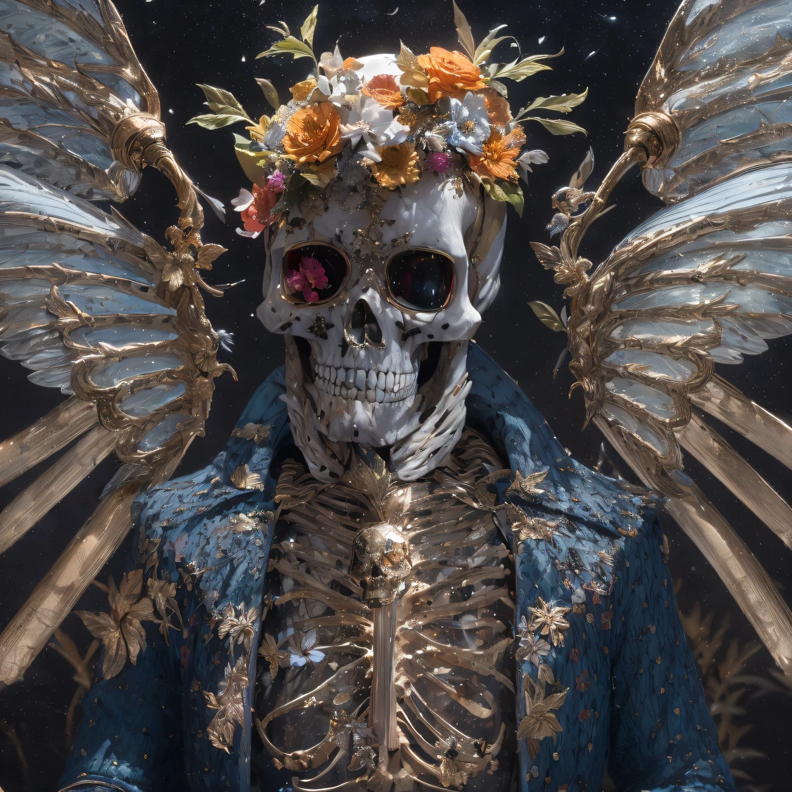 Yakes,Transparent wings,downpours,Wear thick gold-framed reflective sunglasses,32K(tmasterpiece,k hd,hyper HD,32K)Bright orange burgundy double ponytail,The Silver Skull Jewelry District in the backstreets,Indigo Skull Belly Pocket King ,Skeleton protector (The skeleton is realistic:1.4),Skull pattern robe,Silver skull flower ornaments,Petals flutter,Colored ball head,Hold your head high,Be proud,The nostrils look at people, A high resolution, the detail, RAW photogr, Sharp Re, Nikon D850 Film Stock Photo by Jefferies Lee 4 Kodak Portra 400 Camera F1.6 shots, Rich colors, ultra-realistic vivid textures, Dramatic lighting, Unreal Engine Art Station Trend, cinestir 800,Hold your head high,Be proud,The nostrils look at people,Tsundere,Petals flutter,Petals flutter,Sprinkle with gold dust,Fluttering,Impeccable,( reasonable design, Clear lines, High sharpness,Best quality, Very detailed skeleton, The skeleton of a masterpiece, offcial art, movie light effect, 4K skeleton(((Wear thick gold-framed reflective sunglasses)))Transparent wings,(Big bone sticks)(Hold a large bone rod in your hand)(Leg bone weapons)Big bone rod,