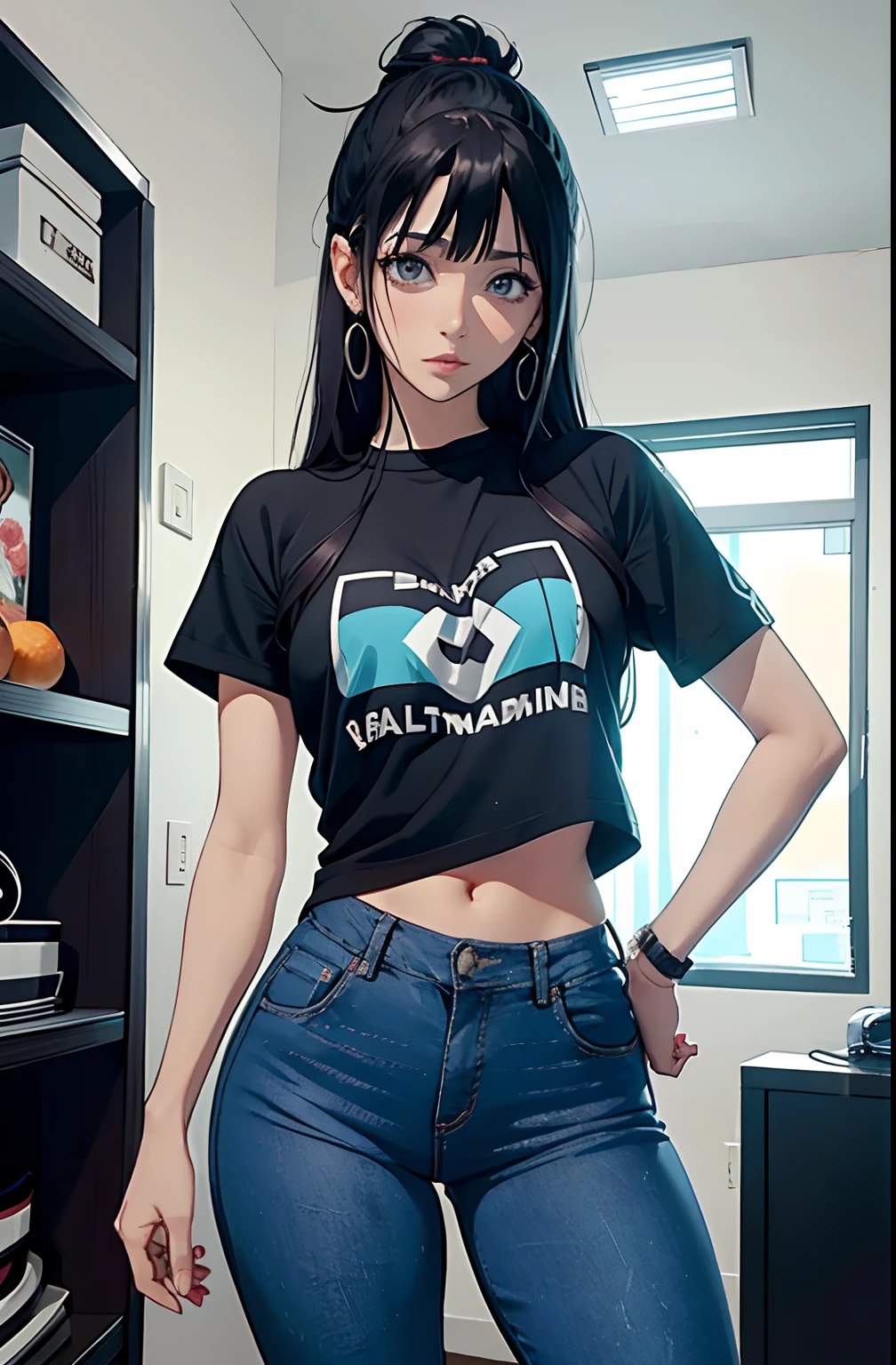 (Hinata Hyuga, muito sensual, com roupas apertadas, bunda grande, pernas grossas, Wearing extremely tight jeans, usando uma mini blusa, umbigo com pirsing, cabelo grande, Speaker behind, muito realista, extremamente sexy, 8k, 8k extremamente detalhado), (um extremamente delicado e bonito), (obra-prima), (melhor qualidade: 1.0), (ultra highres:1.0)