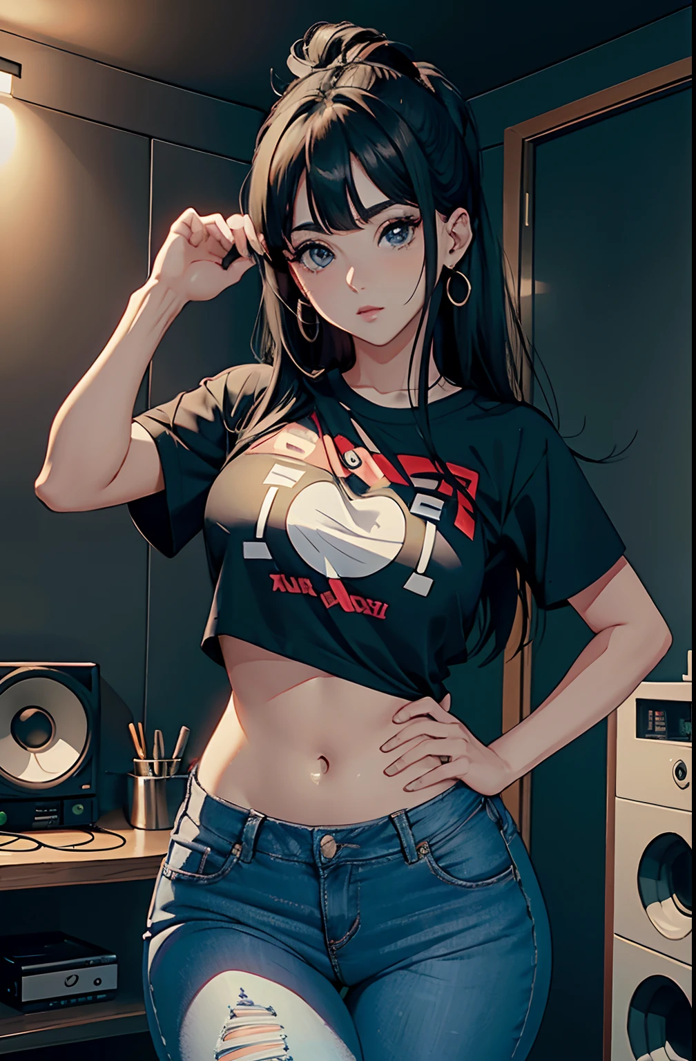 (Hinata Hyuga, muito sensual, com roupas apertadas, bunda grande, pernas grossas, Wearing extremely tight jeans, usando uma mini blusa, umbigo com pirsing, cabelo grande, Speaker behind, muito realista, extremamente sexy, 8k, 8k extremamente detalhado), (um extremamente delicado e bonito), (obra-prima), (melhor qualidade: 1.0), (ultra highres:1.0)