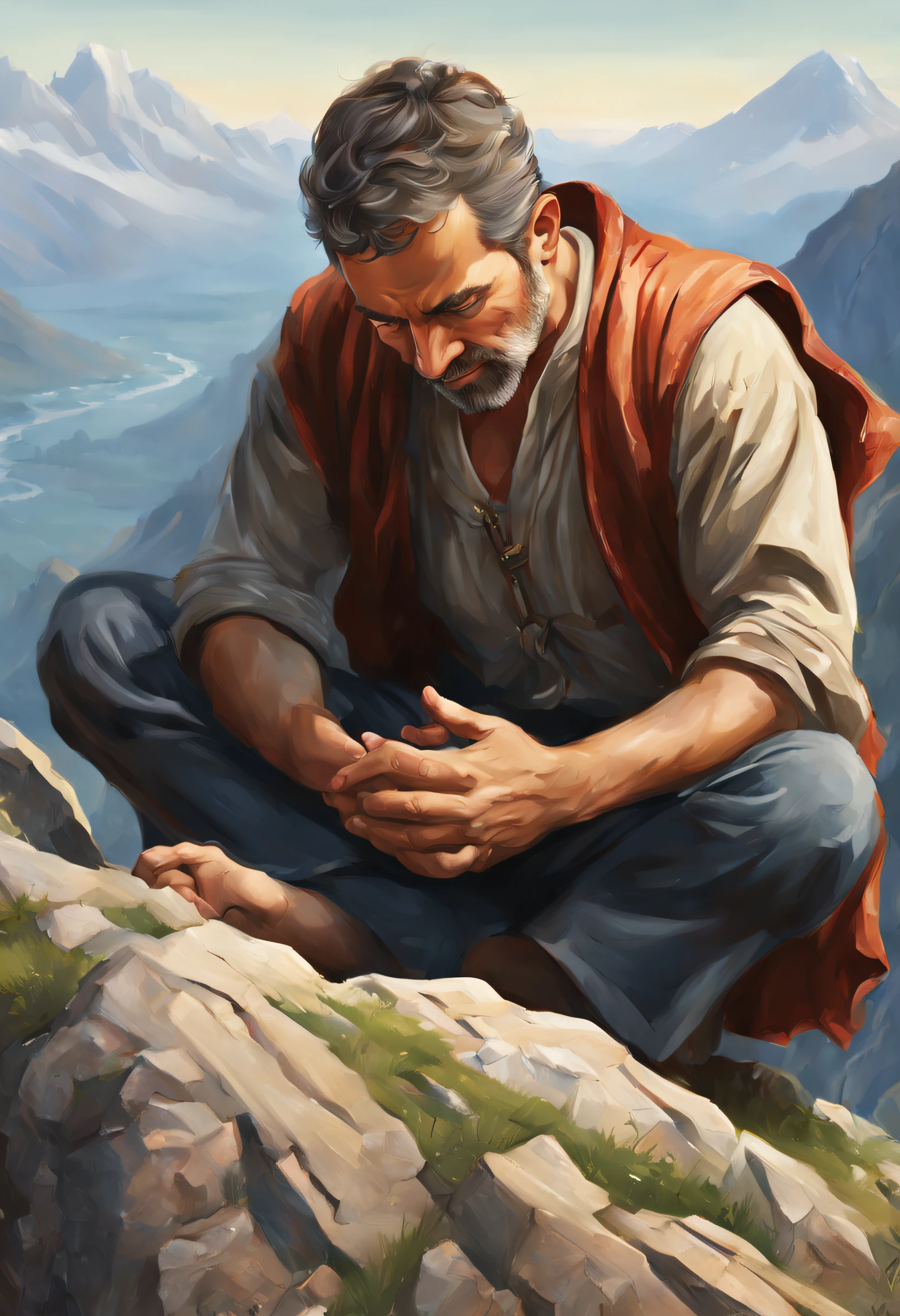 (best quality,4k,highres:1.2),ultra-detailed,(realistic:1.37),detailed kneeling man praying on a mountaintop,illustrations,background illustrations,full-color epic illustration,by Luis Molinari,children's book illustration,promotional art.