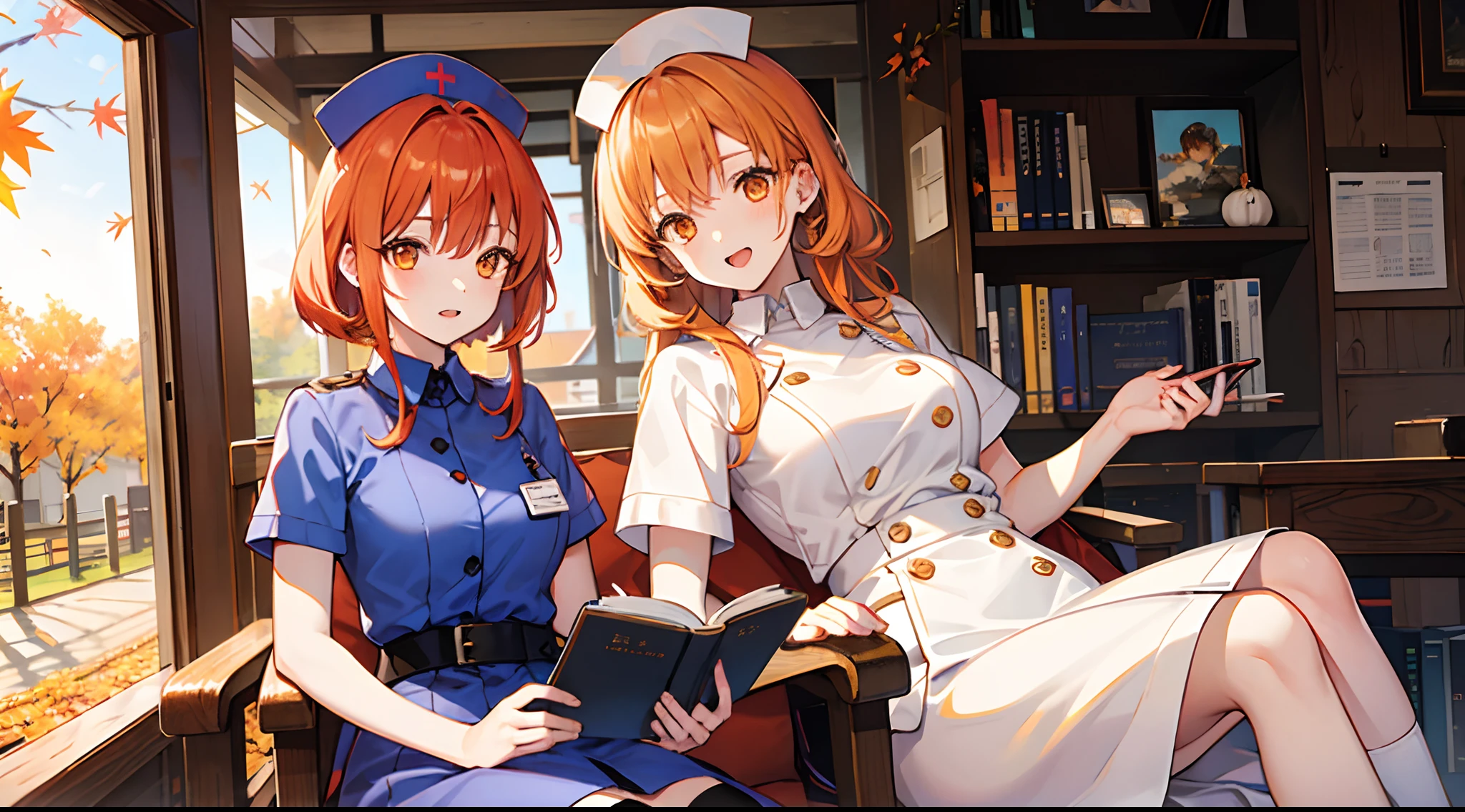 Two girls、lecture、Nurse、nurse's outfit、autumnal、read a book、study、Orange hair、Orange Eyes、Nurse Cap
