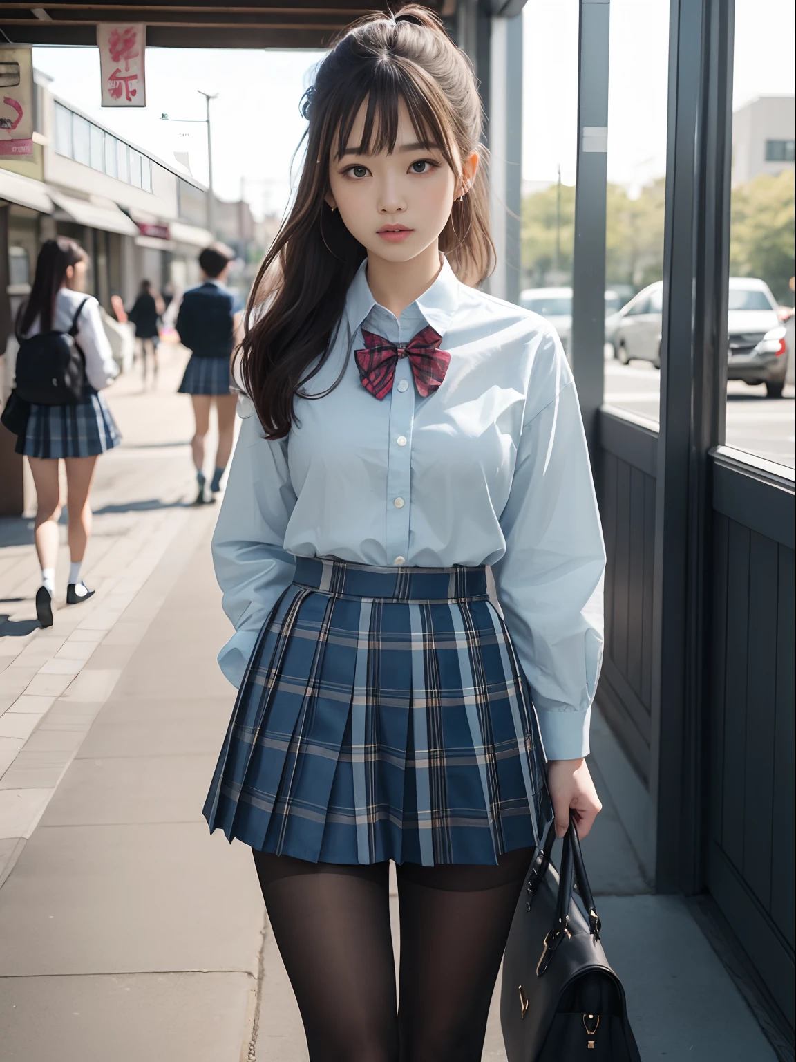 (8K、Raw photography、top-quality、masterpiece:1.2),Bullish,Muchimuchi,Erotic,Pupils,Light Blue Bra,de pele branca,kne,(Black pantyhose),absurderes,large full breasts,Parting the bangs from the middle、Forehead visible,a cold expression、masterpiece,top-quality、超A high resolution,Raw photo,ren,Beautiful fece,One Person, 独奏,eye glass,,Dark look,fullllbody、cute little、JK school uniform,hi-school girl,A Japanese Lady,is standing,(Photorealsitic:1.37)、Photon mapping,Realistic、Cute little face,Brown-eyed、Black socks、(Red bow tie)、Radio City、Physically Based Rendering、Foreground、depth of fields、Blurry background、a picture,The girls、Body,beauty legs, Long legs, Thin leg,Ponytail with hair tied in one knot,(Bangs are visible), hair, s lips, Blue_The eye, nosesoft,(Light blue shirt), (Navy and blue and white plaid pleated skirt), Knees are visible,Sheer clothing,, Thigh, Black cotton socks,Nogizaka Idol, 女優, Japanese ido