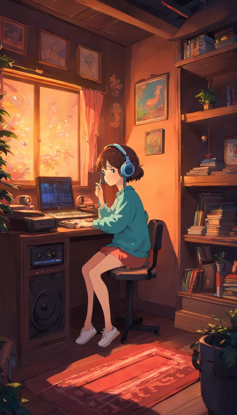 Girl listening to music in cozy room at night, Use headphones, 2D style anime, lo fi, hard disk, dark environment