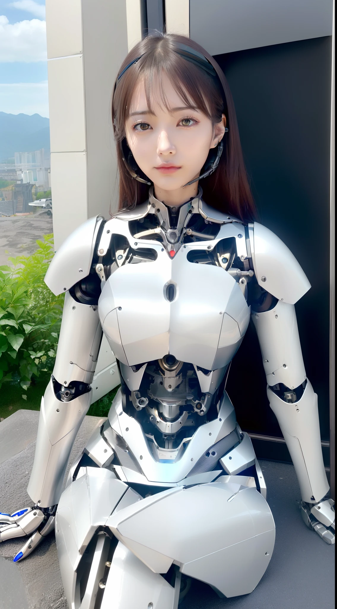 ((masutepiece)), ((top-quality), high quarity、ultra-definition, (Realistic),  ((well proportioned face))、fulcolor 、(scientific fiction)、(独奏)、Beautiful robot woman、Combat Robots、((Perfect robot joint))、(((detailed mechanical components)))、(Electronic substrate)、(((a computer)))、(White porcelain mechanical armor)、(oval-face)、(almond shape eyes)、thin mouth、deadpan、((Perfectly shaped machine hand))、(Outside the city)、Perfectly shaped robot legs、Sit up