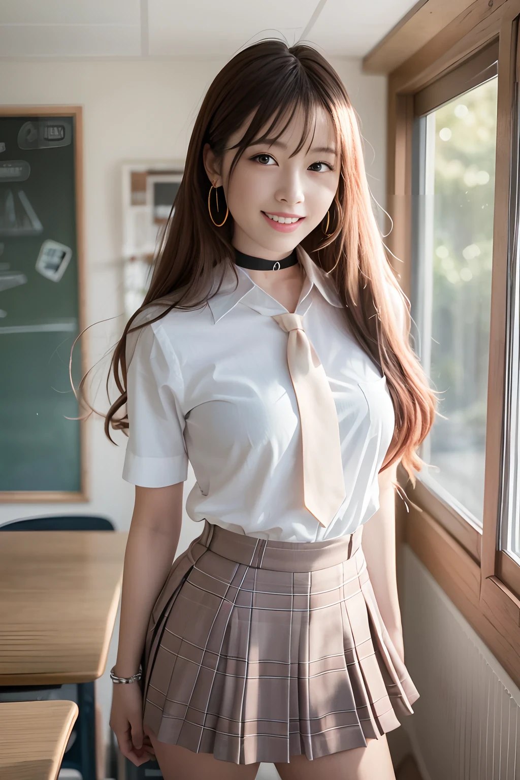 (Best Quality,8K,Raw photo,Realistic,High resolution:1.2),(cute Japanese girls),(Huge breasts, J size:1.25),(Voluptuous),(School uniform,Pleated skirt,White shirt, cleavage )、inside in room