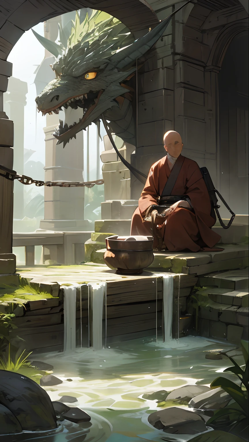 Small bridges and flowing water,Ancient road west wind thin horse,A monk traps the dragon with a chain made of a bowl