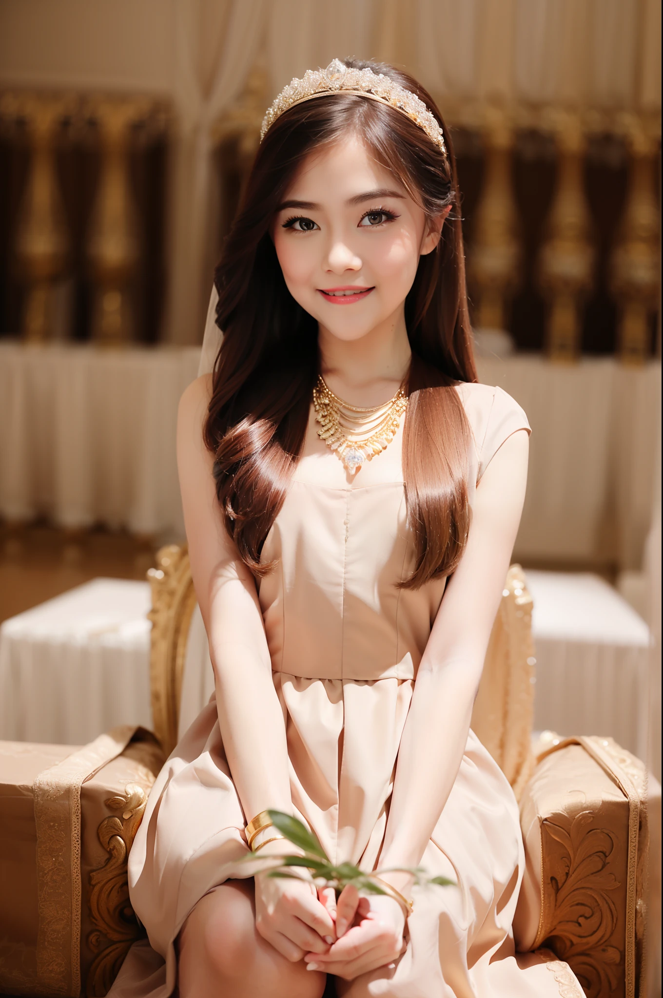 masterpiece,ultra realistic, best quality,goddess,goddess, royal style, gold accessories, royal style mini dress ((spring day )),necklace,, at the wedding event ,NSFW, ((masutepiece, Best Quality)), (nffsw, 8K Wallpaper, High resolution), passionate, little smile, young woman, long hair