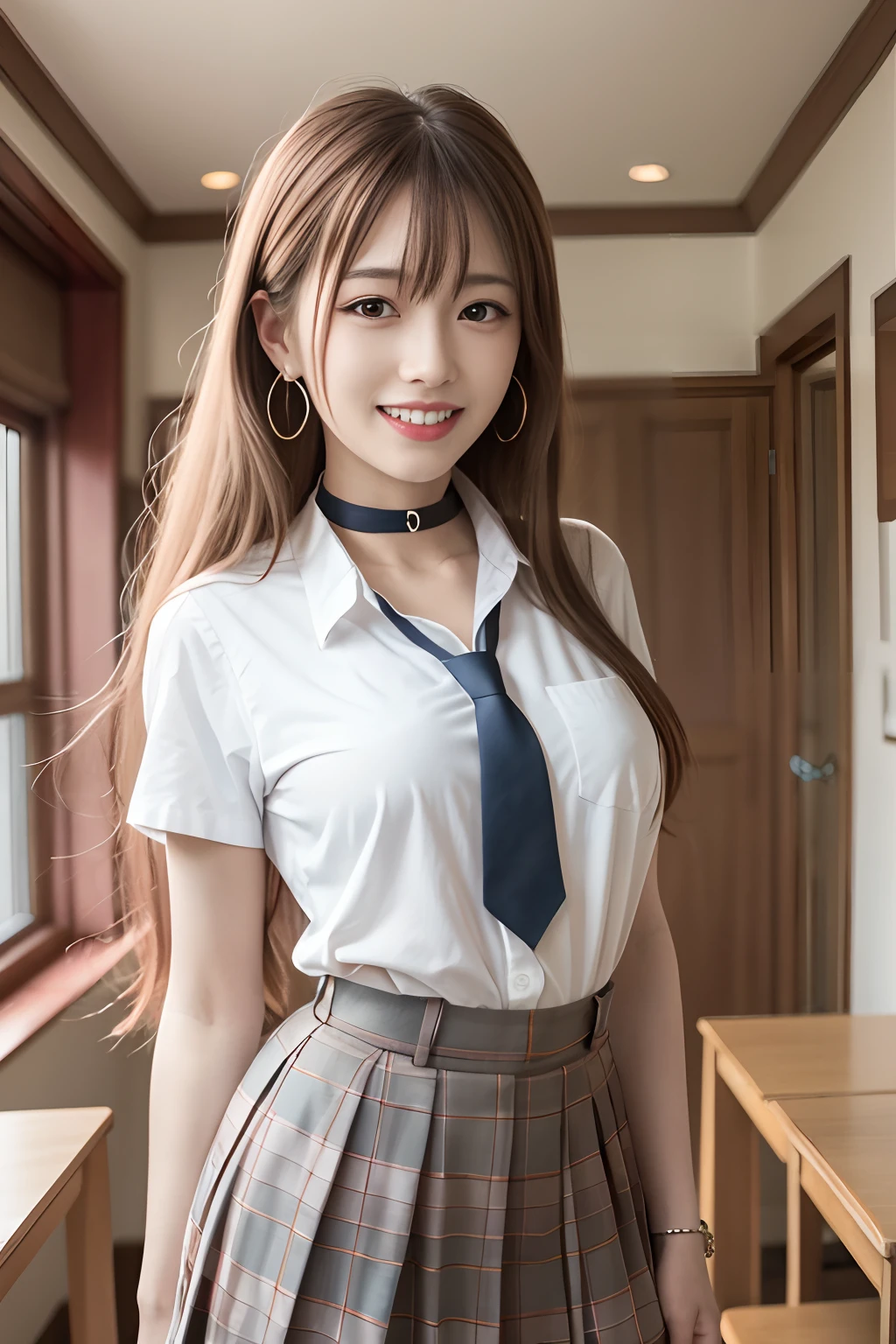 Best Quality, 超A high resolution, (Photorealistic:1.4), kitagawa marin, 1girl in, Red pupil, Blonde hair, Long hair, multicolored hair, Red , Jewelry, earrings, Piercing, large full breasts、School uniform, White shirt, Tied shirt, Black Choker, blue necktie, plaid skirts, grin, Smile, Cowboy Shot, crass room,