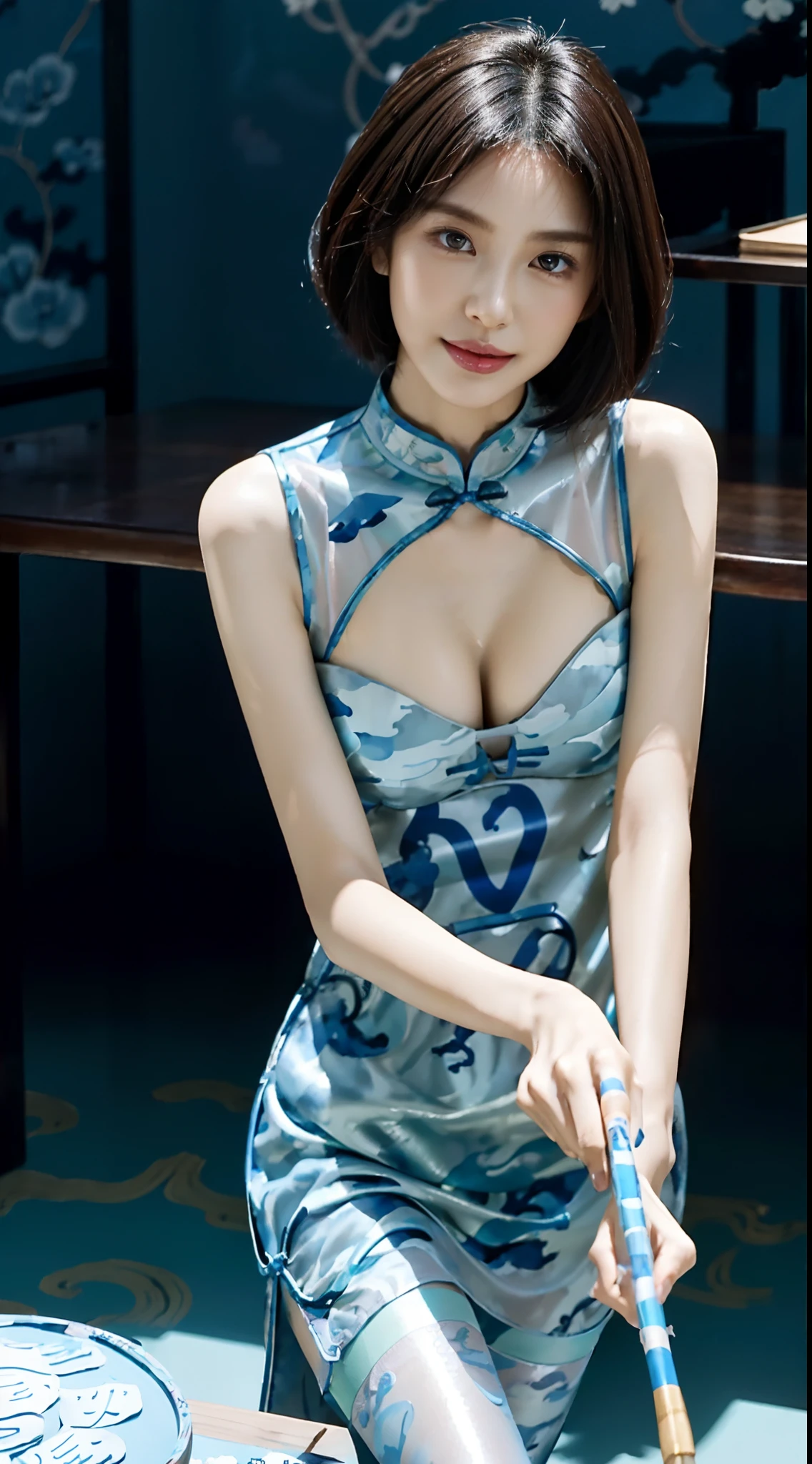 (shoulder-length straight short hair: 1.2),Upper body, （Extremely meticulous CG 8k wallpaper），（Extremely refined and beautiful），（Masterpiece），（best qualtiy:1.0），（Ultra High Resolution:1.0），beautiful light up，Perfect lightning，realistic shaded，[A high resolution]),(Smooth and flawless fair skin:1.5),(shiny skin:1.5),Extremely exquisite facial details，ultra - detailed，A  girl，small head，Smile，cheerfulness,Summer，afternoon，Close Shot，at home，In living room,Blue green background，(Standing at a large table:1.3),（Very large white papers on the table:1.3）,enjoying a comfortable and intoxicated expression,small face，（perfect body:1.1）,small breasts，flat chest,(Cleavage:1.5),slim，thin,collar,(see through Blue camouflage cheongsam:1.5)，Slender legs,Charming collarbone，flowers,sideways，(Holding a Chinese writing brush in right hand:1.5),lean forward,(Practicing Chinese calligraphy:1.5),(Black stockings:1.3),ink and inkstone,(cowboy shot:1.3),(portrait:1.3),upper body