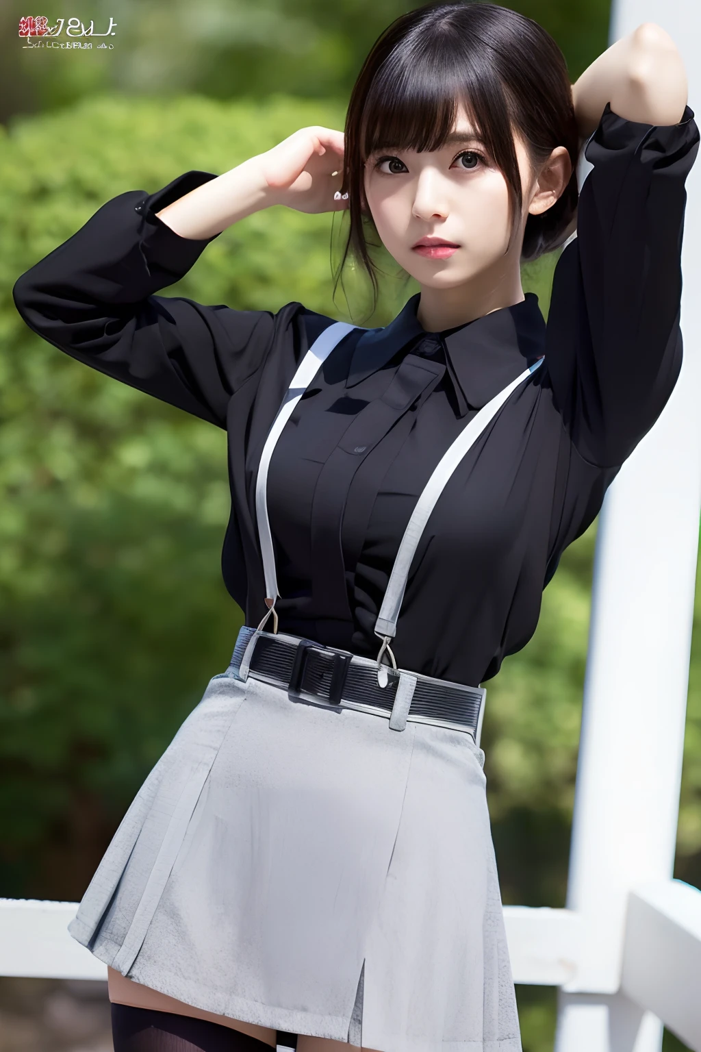 (masutepiece:1.2),High quality,vivd colour,flat-colors,Deep Depth Of Field,Lens Flare,1 girl,Black hair,eyecontact,Suit,Collared shirt,Belt bag,suspenders,Professional,Office Lady,Mature Women,Black mini skirt　garterbelts　knee high　Stockings　Black Niso　Colorcon armpit sweat　perspiring　Side of both hands,Black jacket,Gaze,ample bosom,Armpit sweat,Exposing the armpits"Pichi Pichi clothes