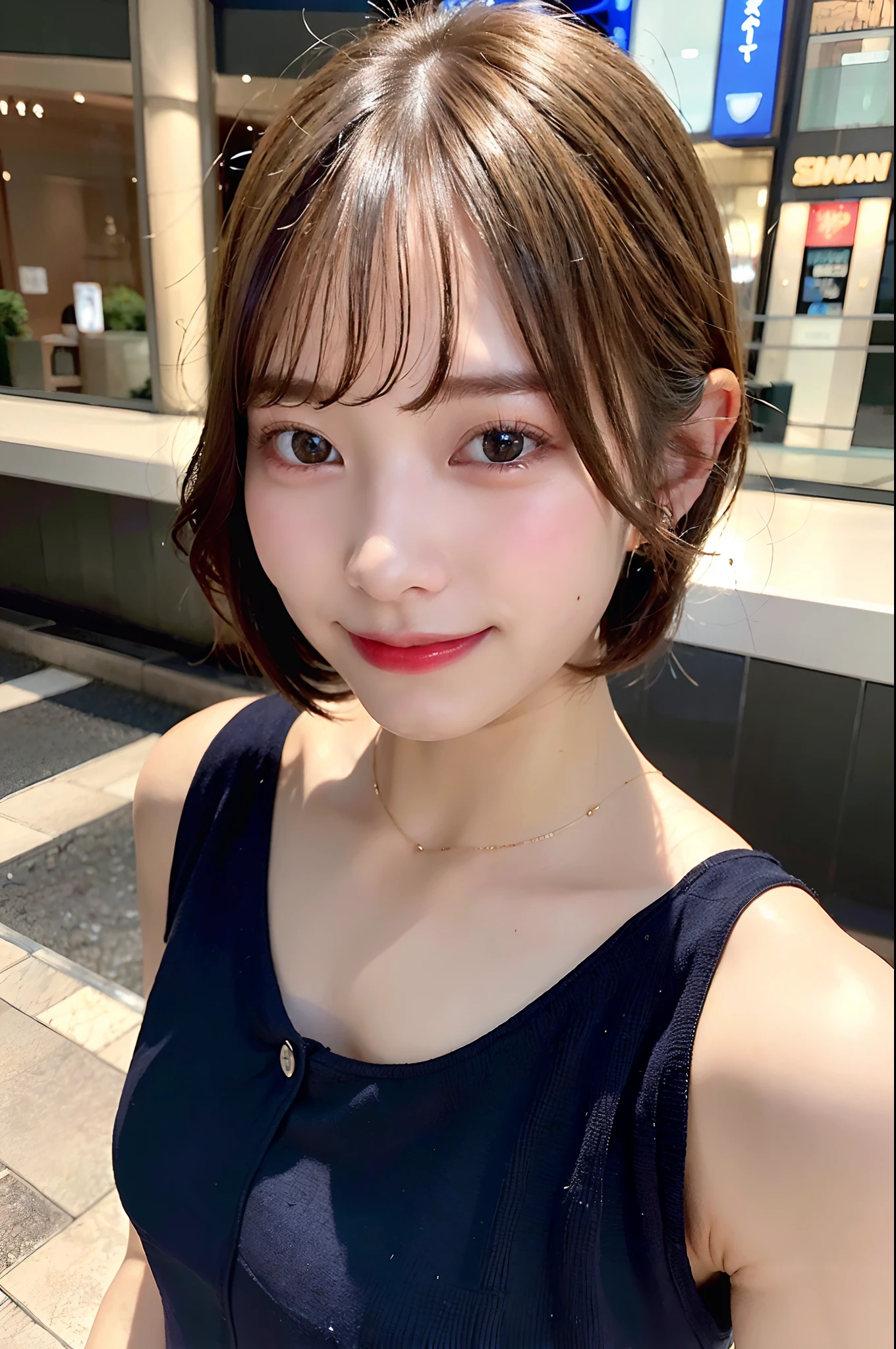 (8K.Highest quality), (beautiful)、Very delicate eyes、Brown eyes、22-year-old female、Brown Hair、Fine skin、Semi-short hair、Soft Breasts、bangs、camisole、Selfie