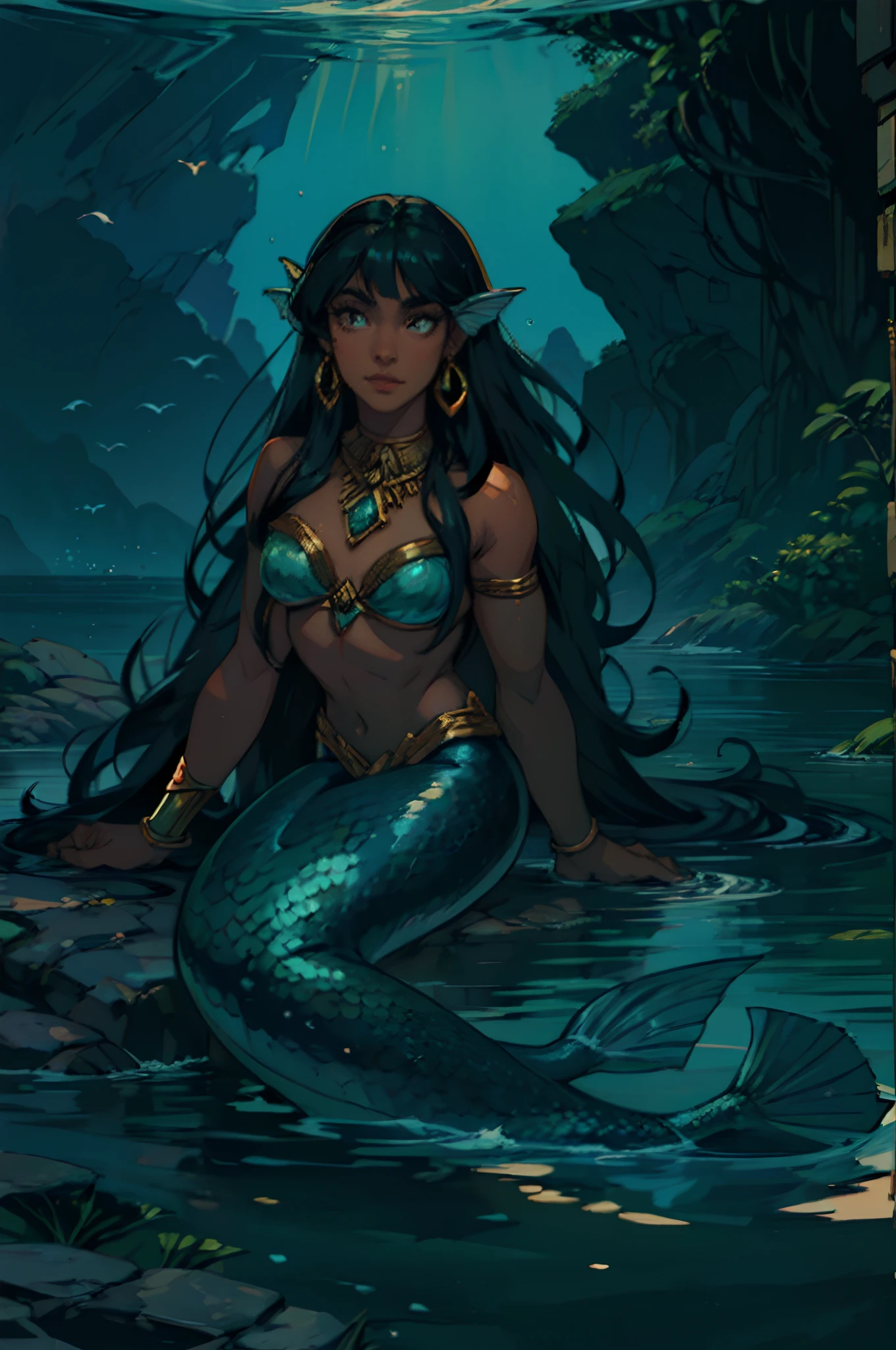Mermaid, black skin, long straight black hair with bangs, Iara, mermaid, Brazilian folklore, mother of water, Amazon, Uiara, Amazon river, mermaid tail, indigenous